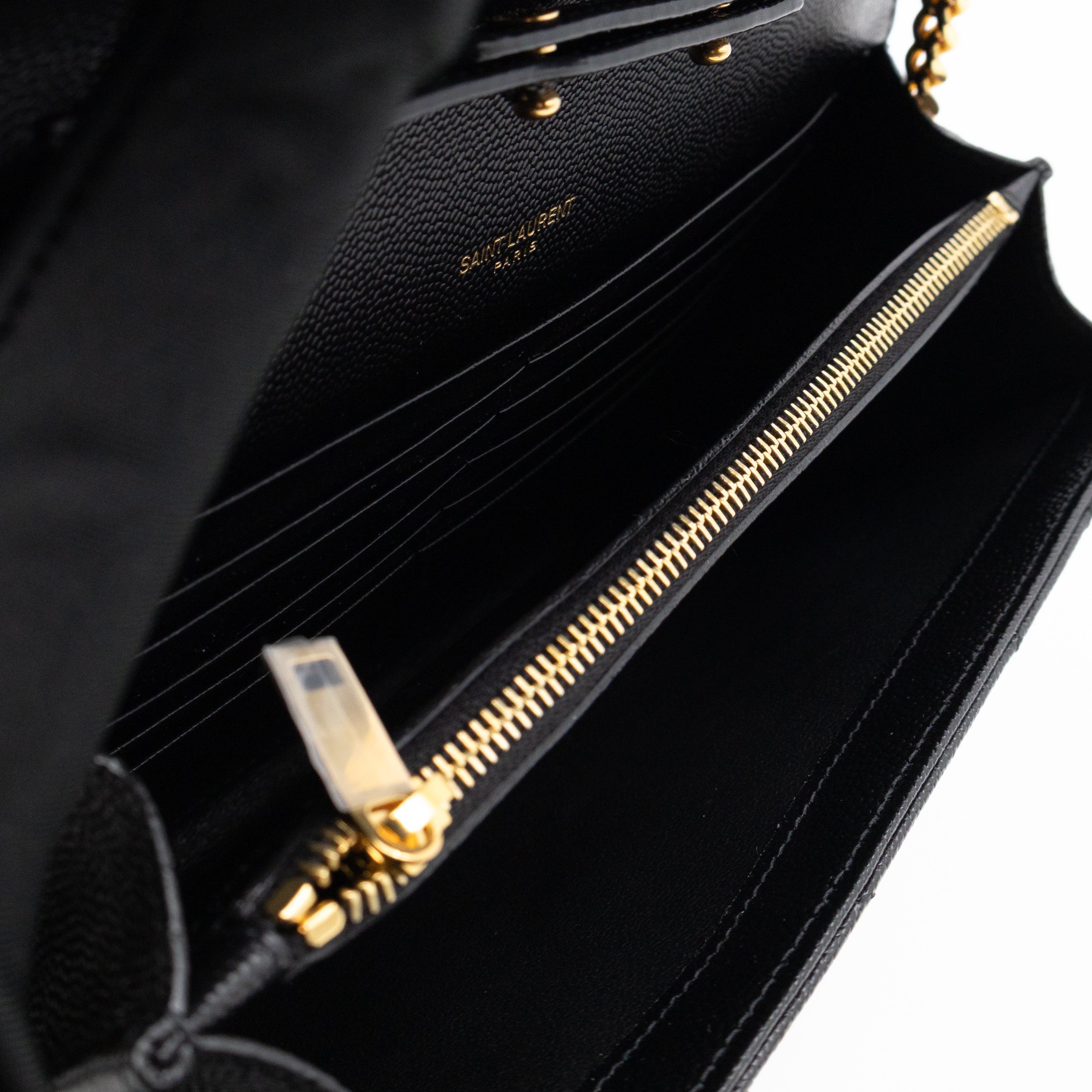Cassandre Envelope Chain Wallet Black Grained Leather Gold