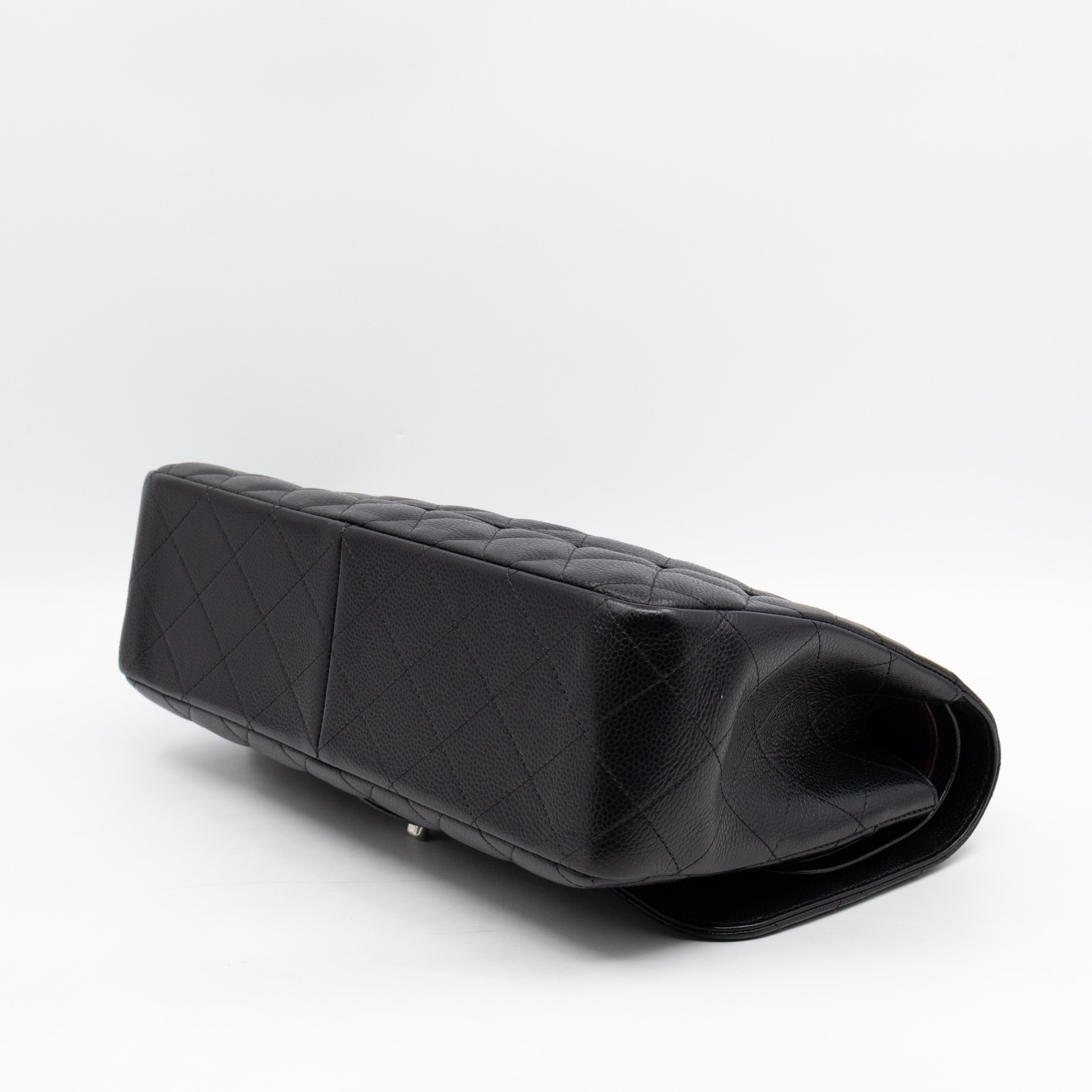 Classic Double Flap Jumbo Black Caviarskin Leather Silver