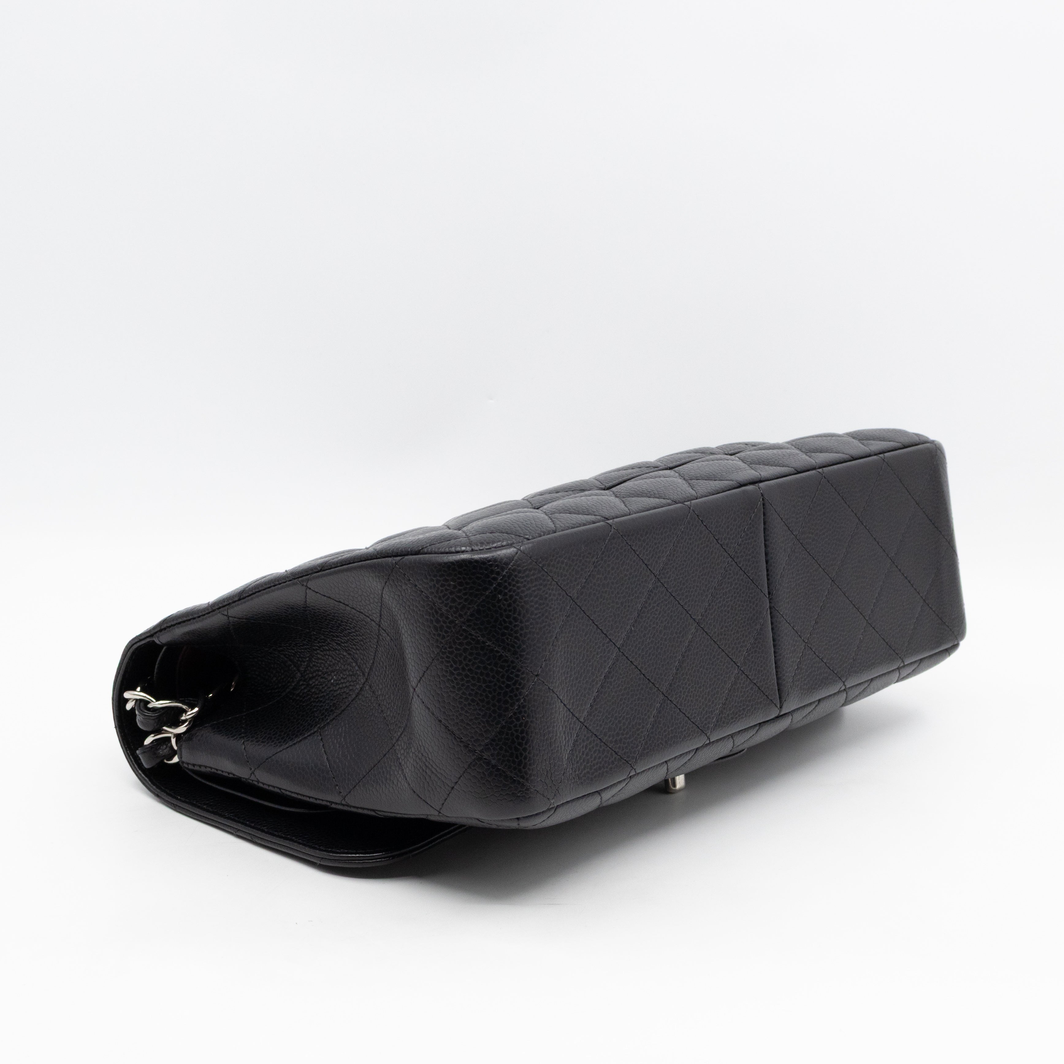 Classic Double Flap Jumbo Black Caviarskin Leather Silver