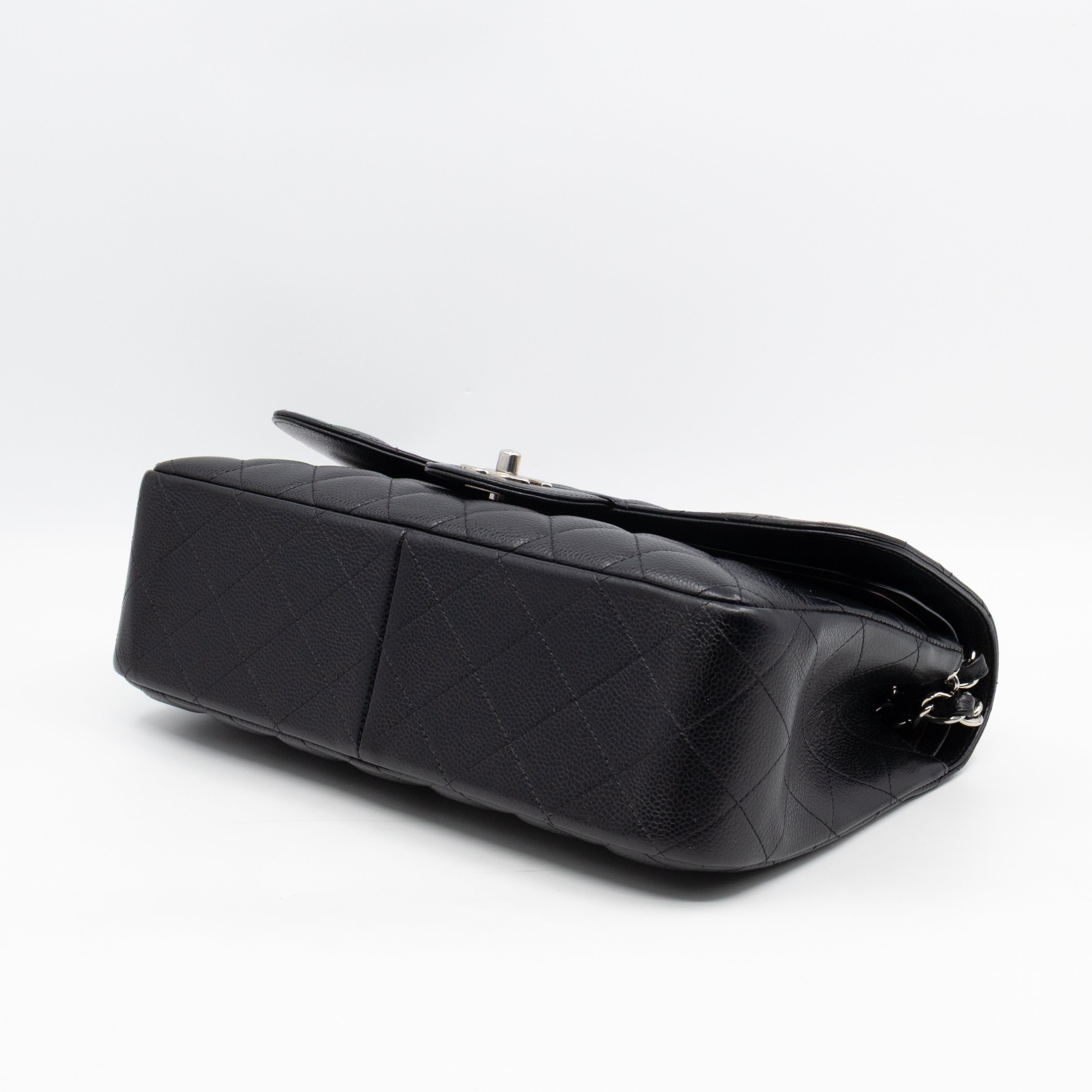 Classic Double Flap Jumbo Black Caviarskin Leather Silver