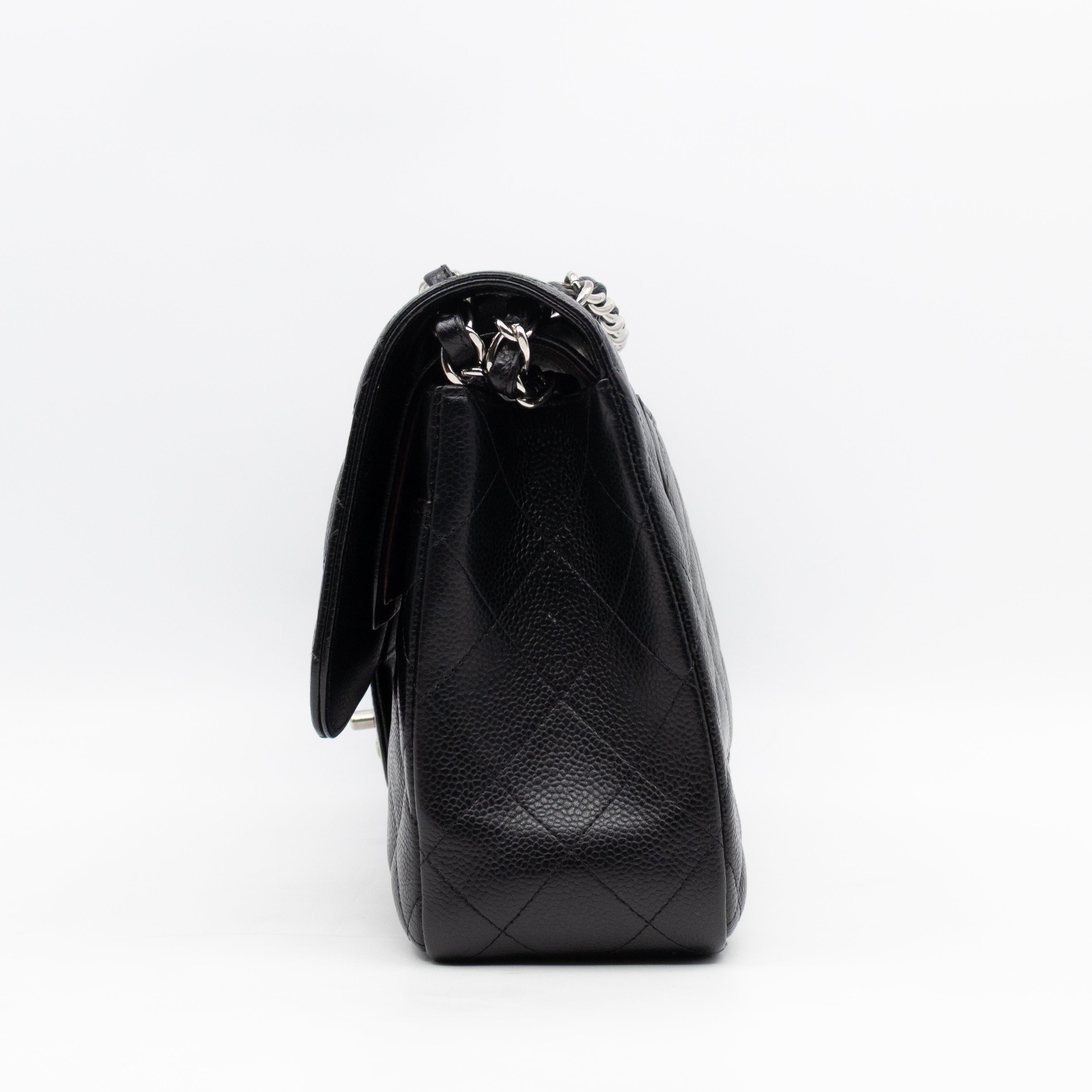 Classic Double Flap Jumbo Black Caviarskin Leather Silver