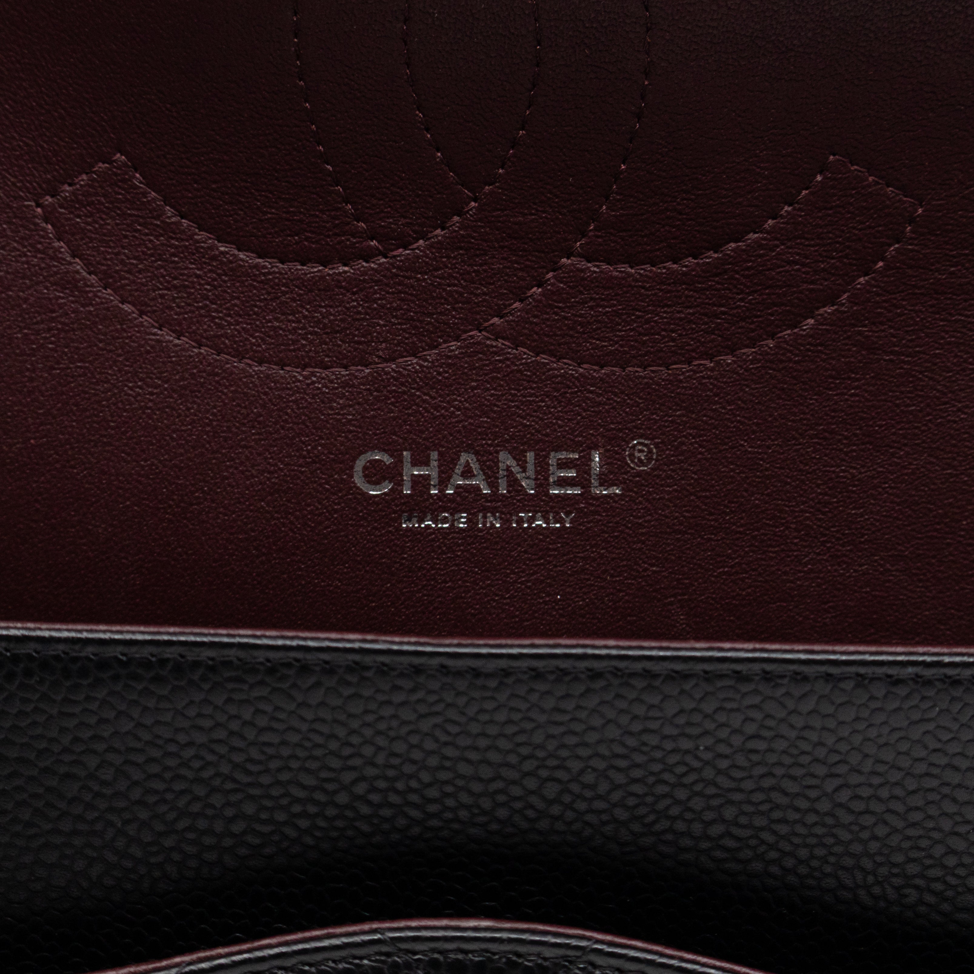 Classic Double Flap Jumbo Black Caviarskin Leather Silver