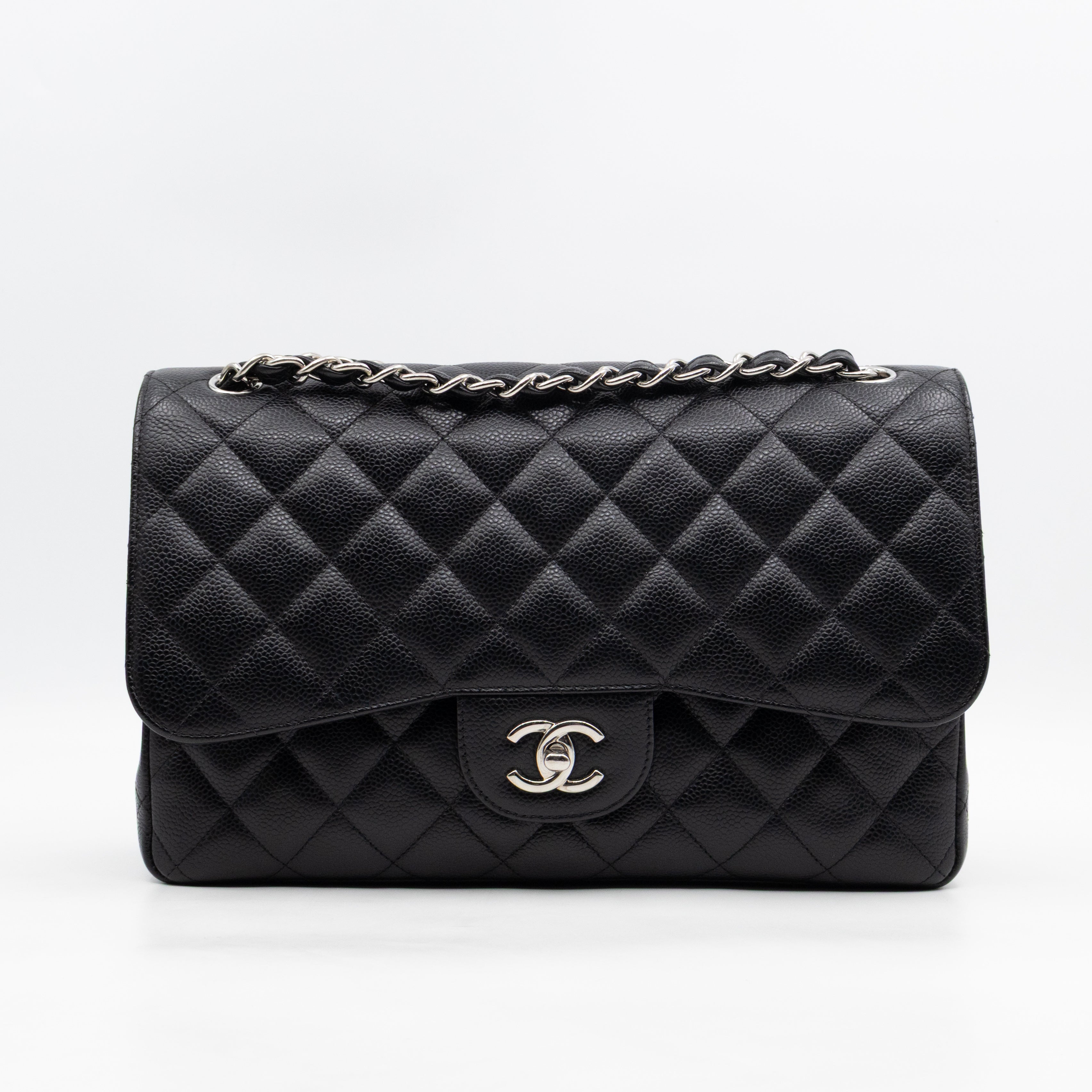 Classic Double Flap Jumbo Black Caviarskin Leather Silver
