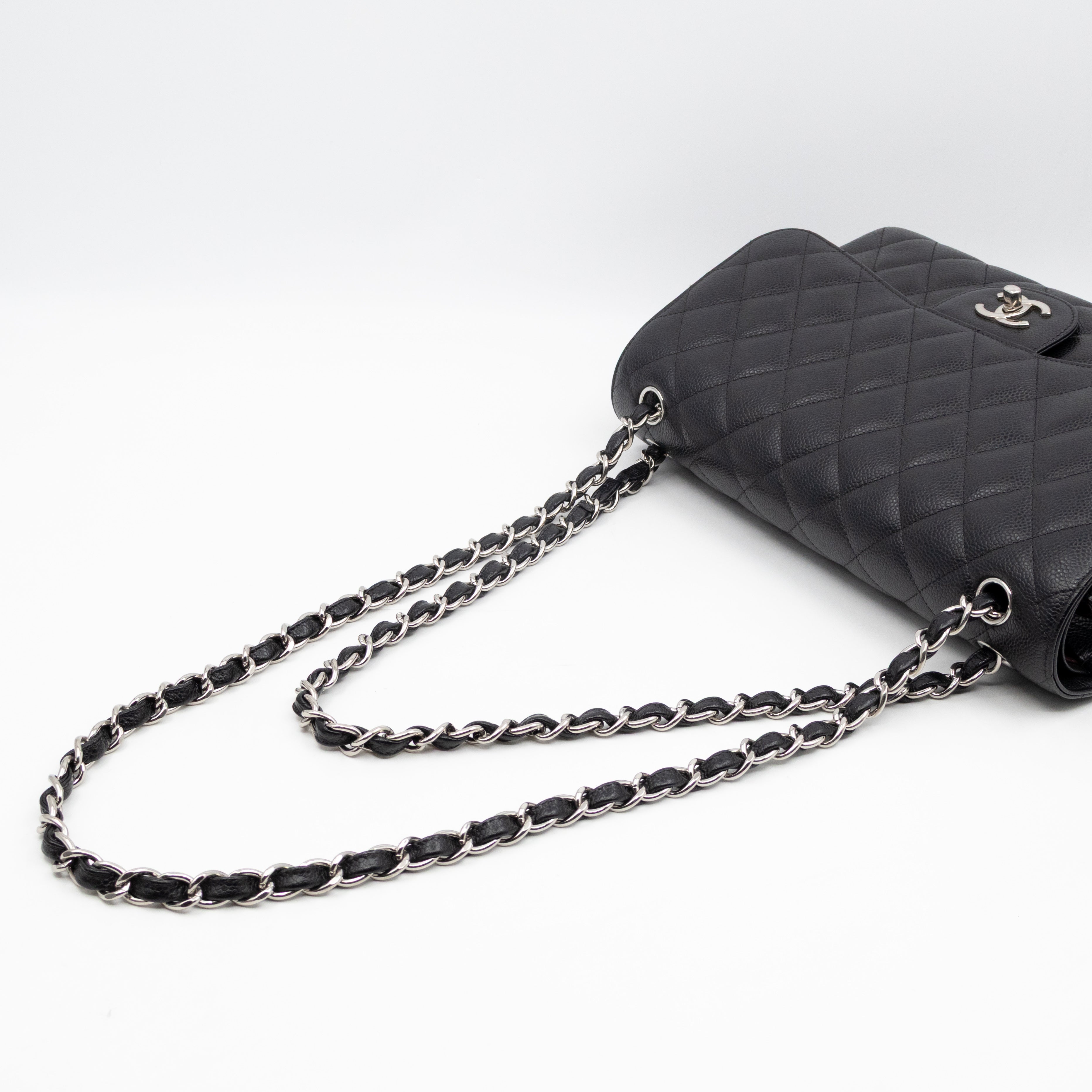Classic Double Flap Jumbo Black Caviarskin Leather Silver