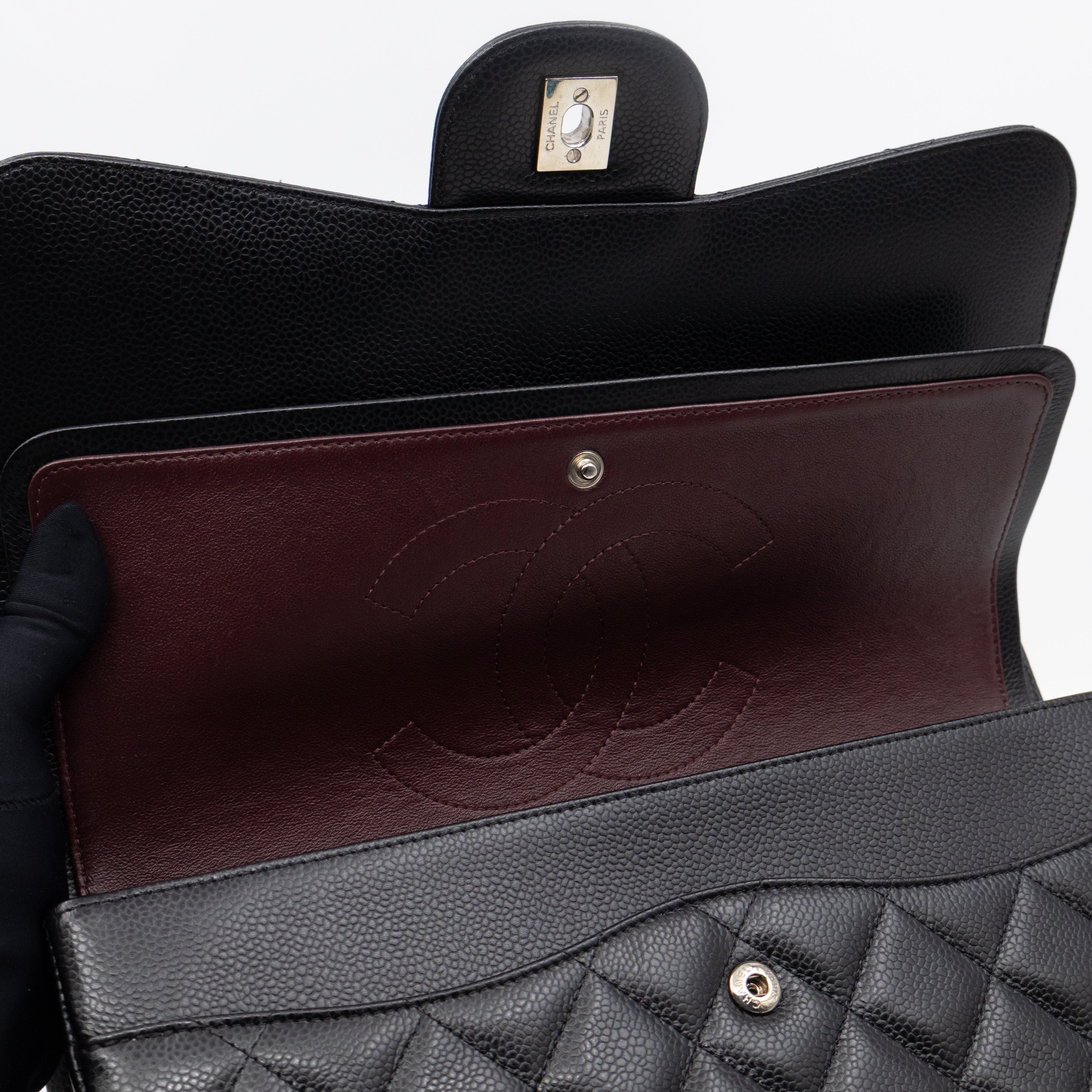 Classic Double Flap Jumbo Black Caviarskin Leather Silver