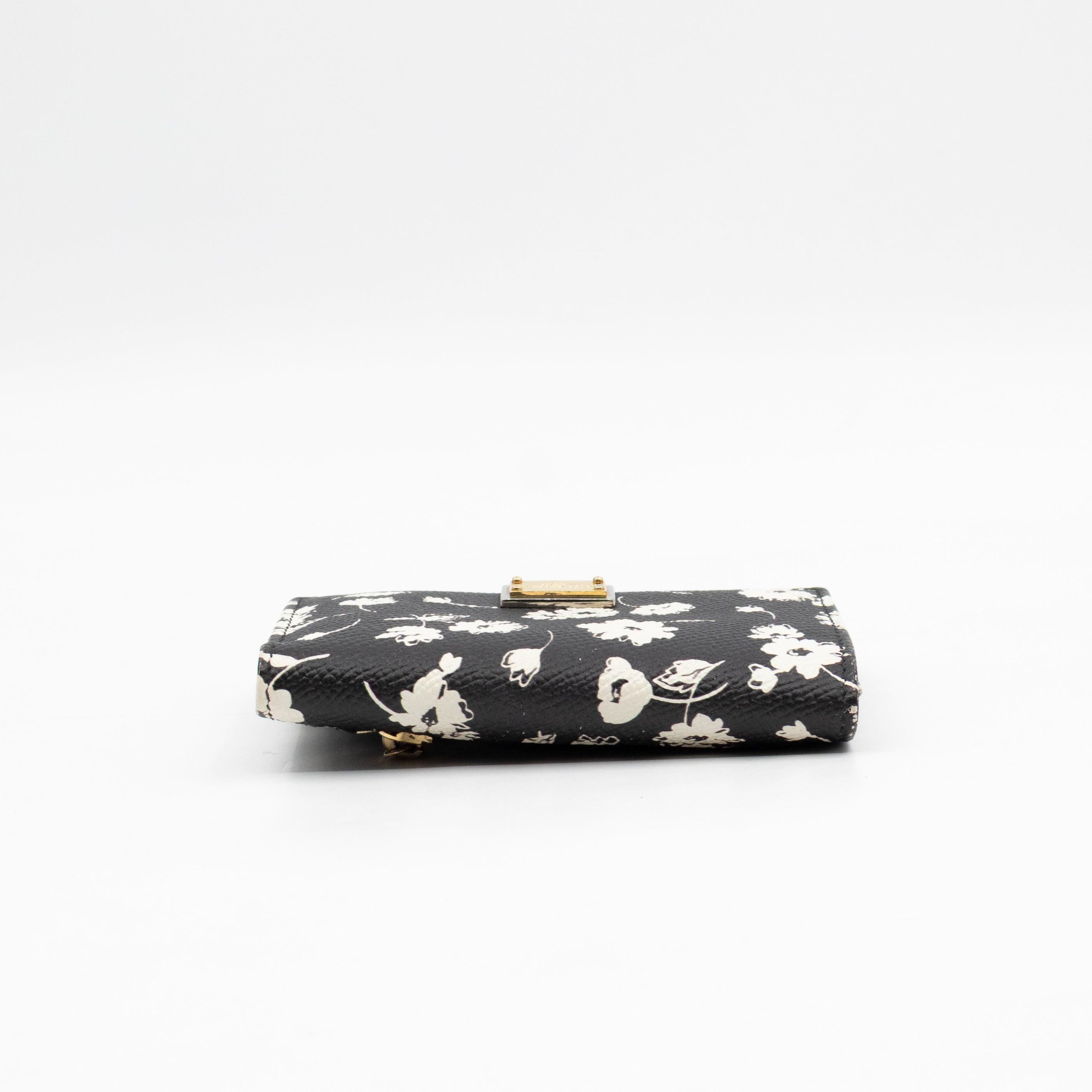 French-Flap Wallet White Flowers Print Black Dauphine