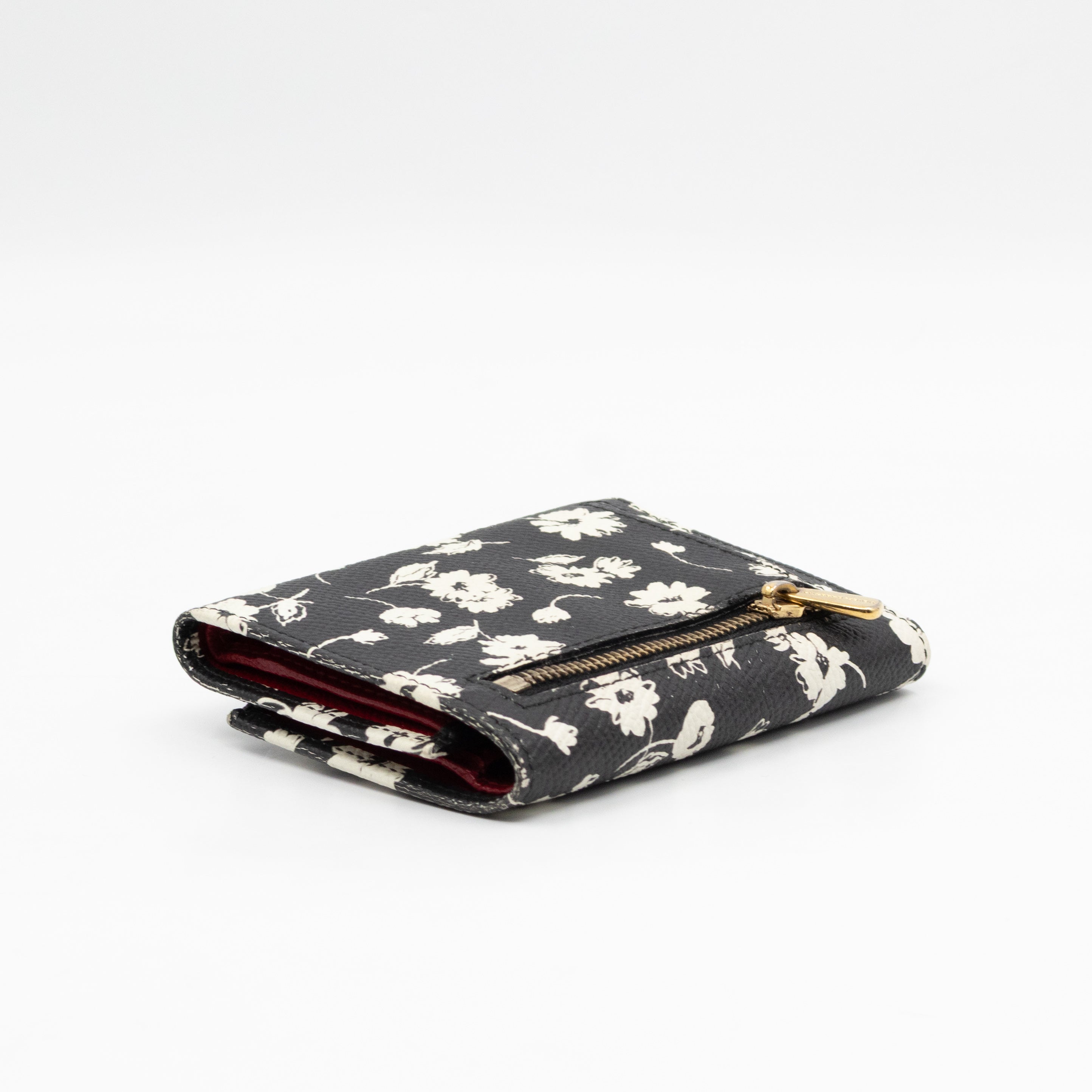 French-Flap Wallet White Flowers Print Black Dauphine