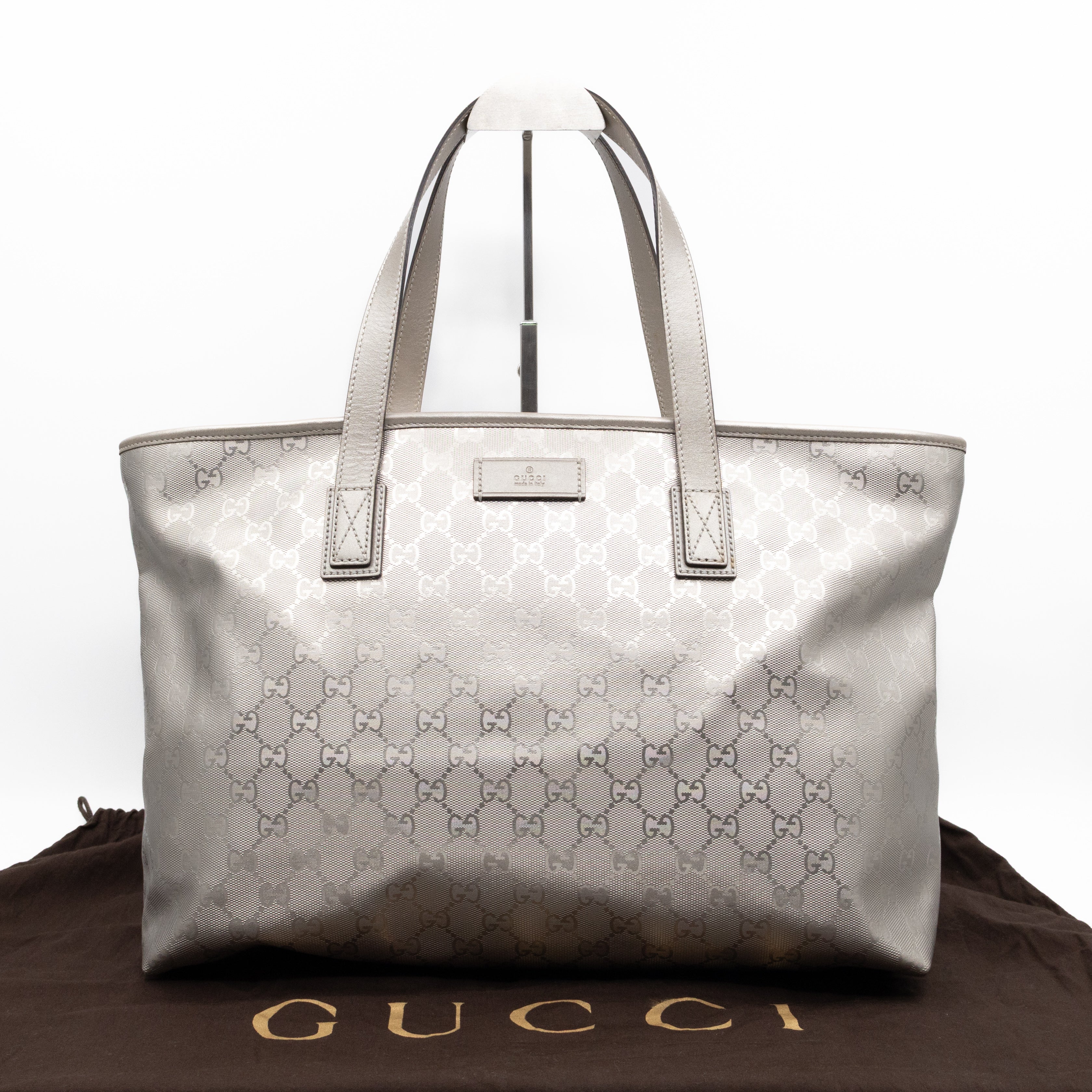 GG Imprime Tote Silver Metallic Coated Canvas