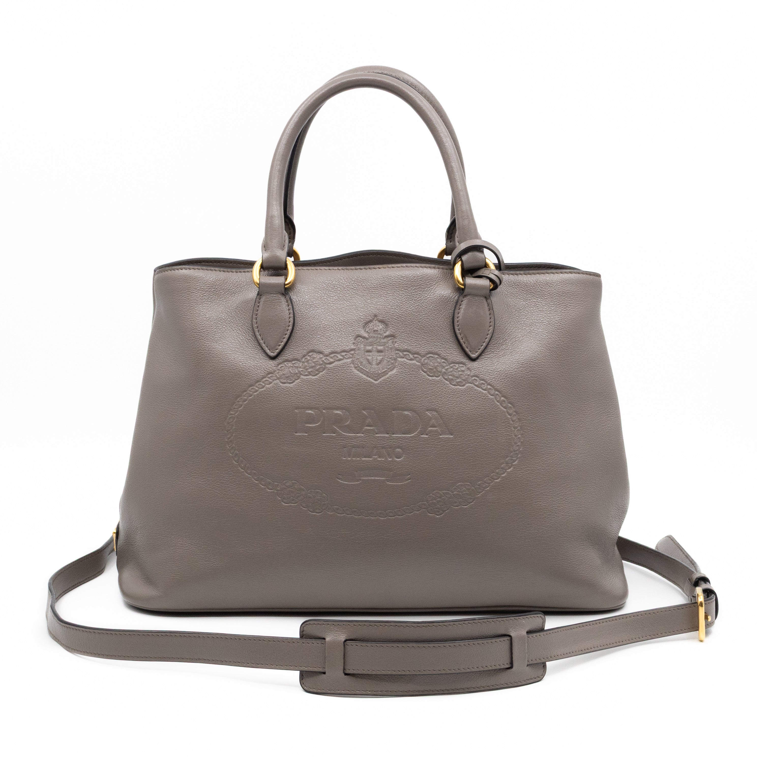 Prada Canapa Tote Bag Logo Embossed Grey Leather – Queen Station