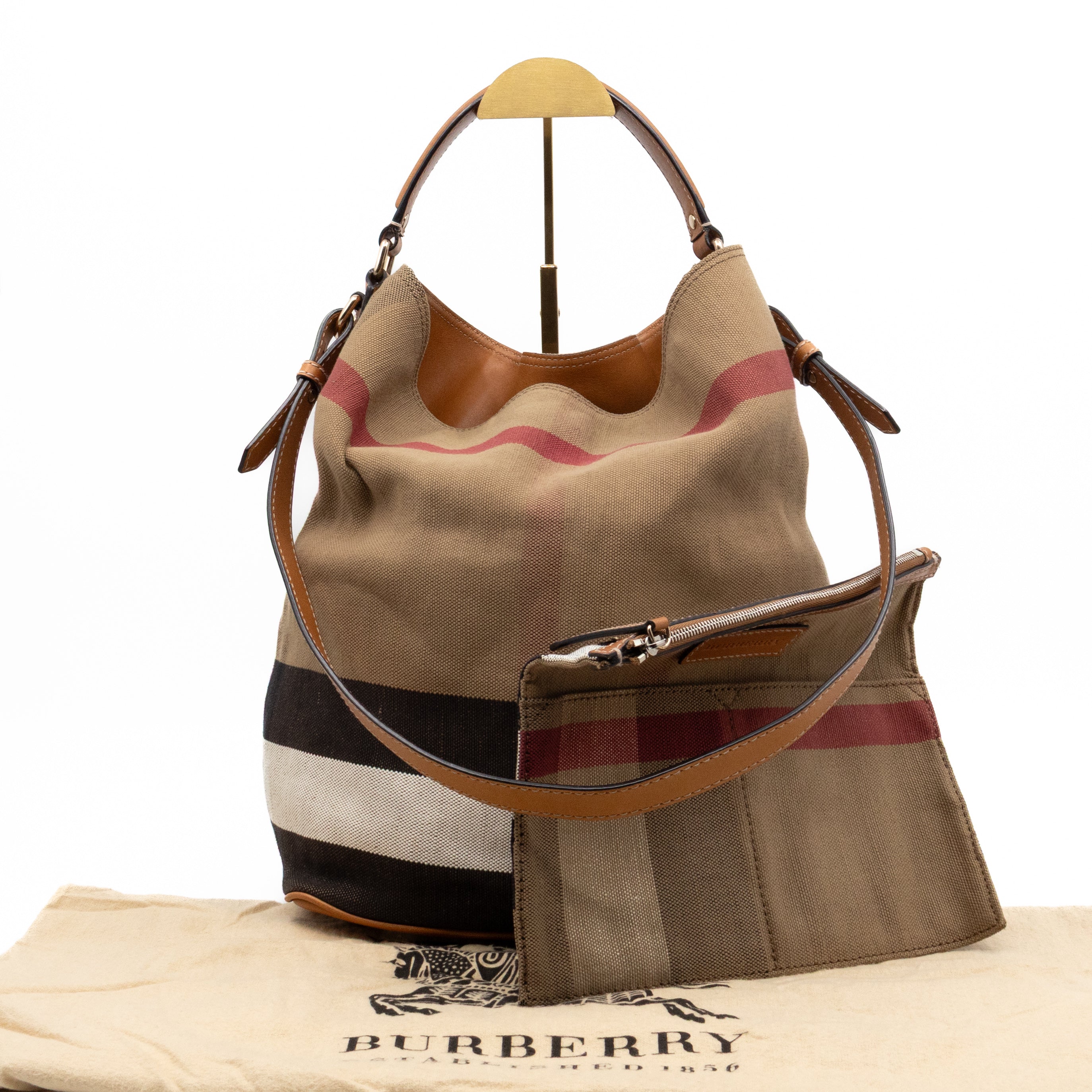 Burberry Ashby Bucket Bag Check Canvas Brown Leather – Queen Station