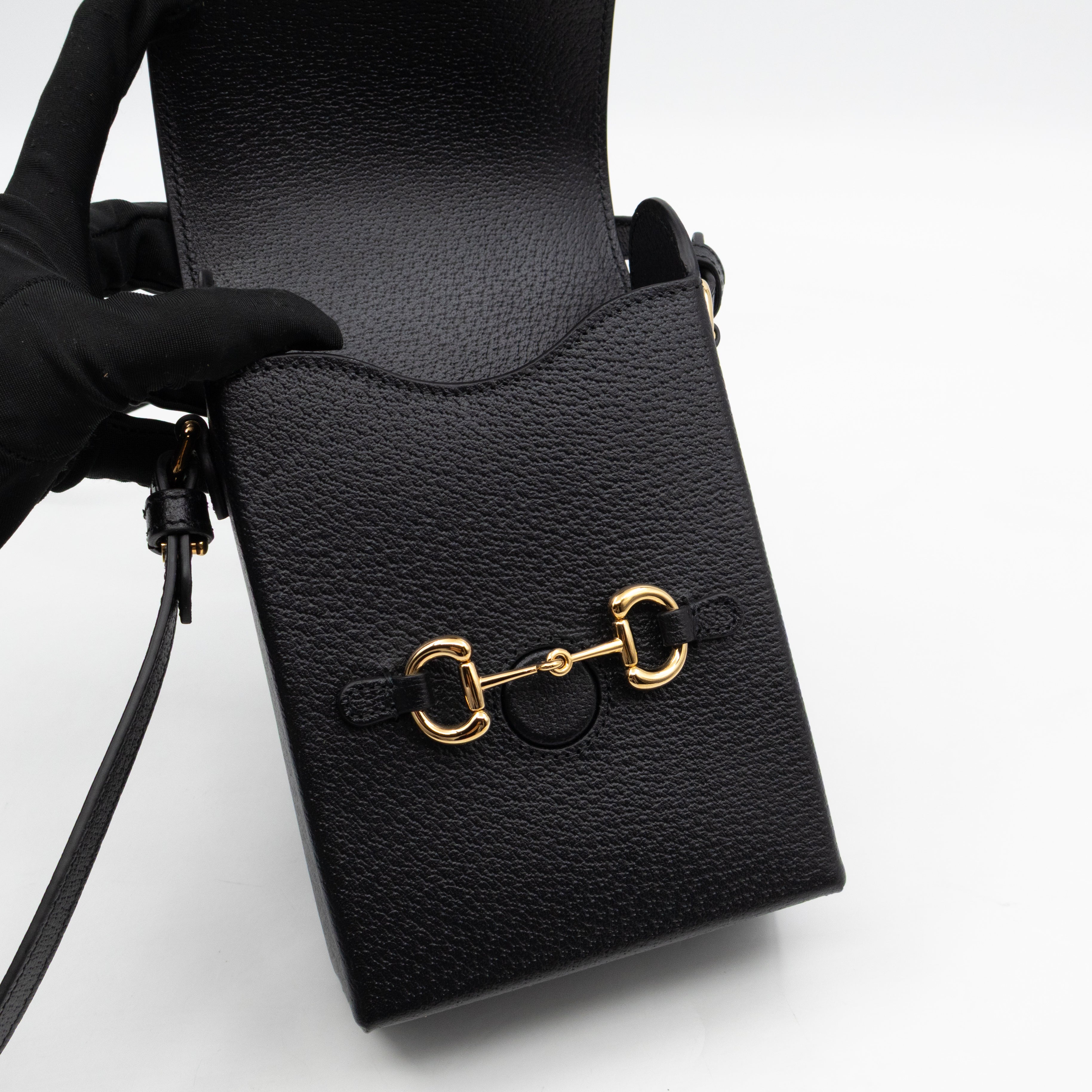 Horsebit Vertical Crossbody Bag Black Leather
