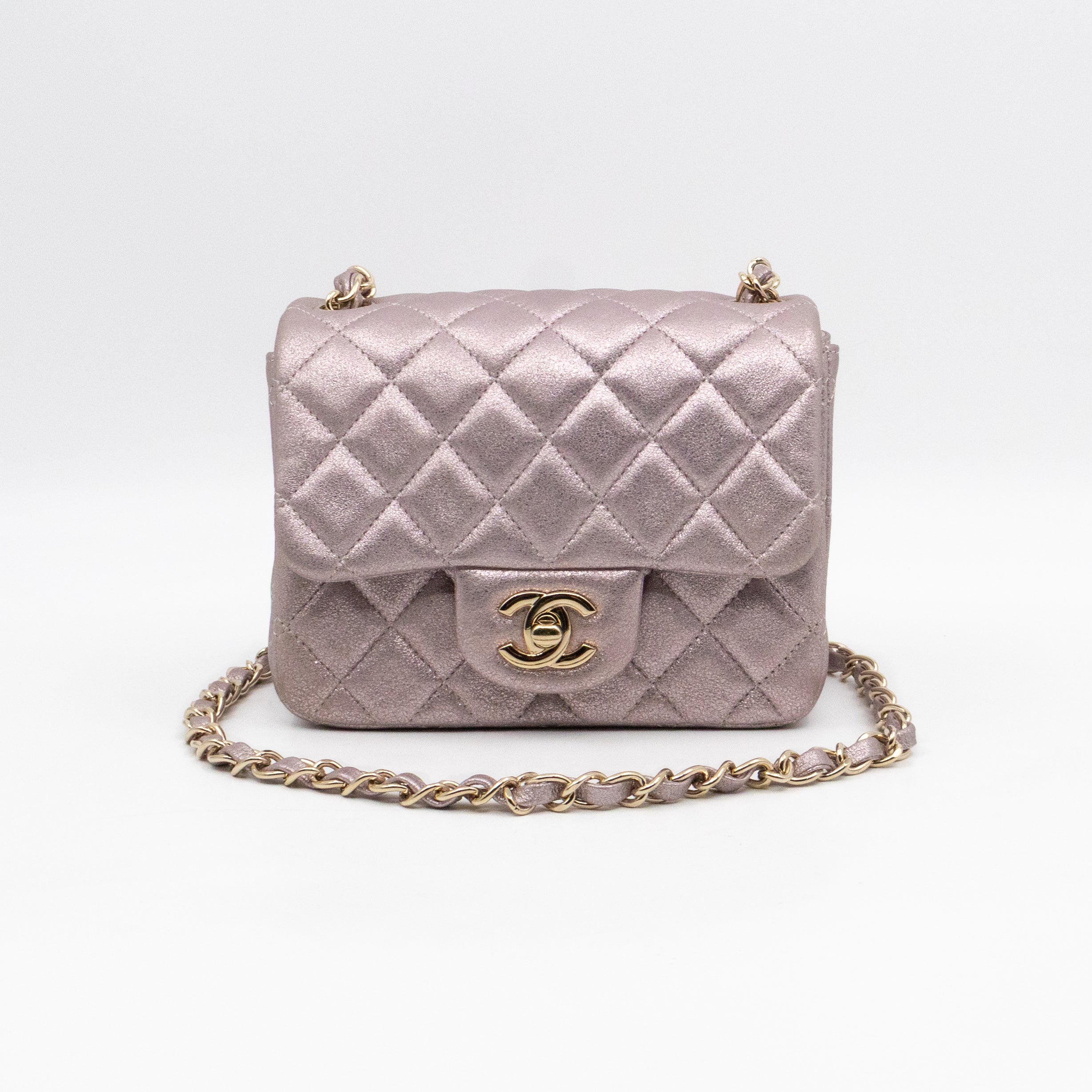 Classic Flap Mini Square Light Pink Metallic Goatskin