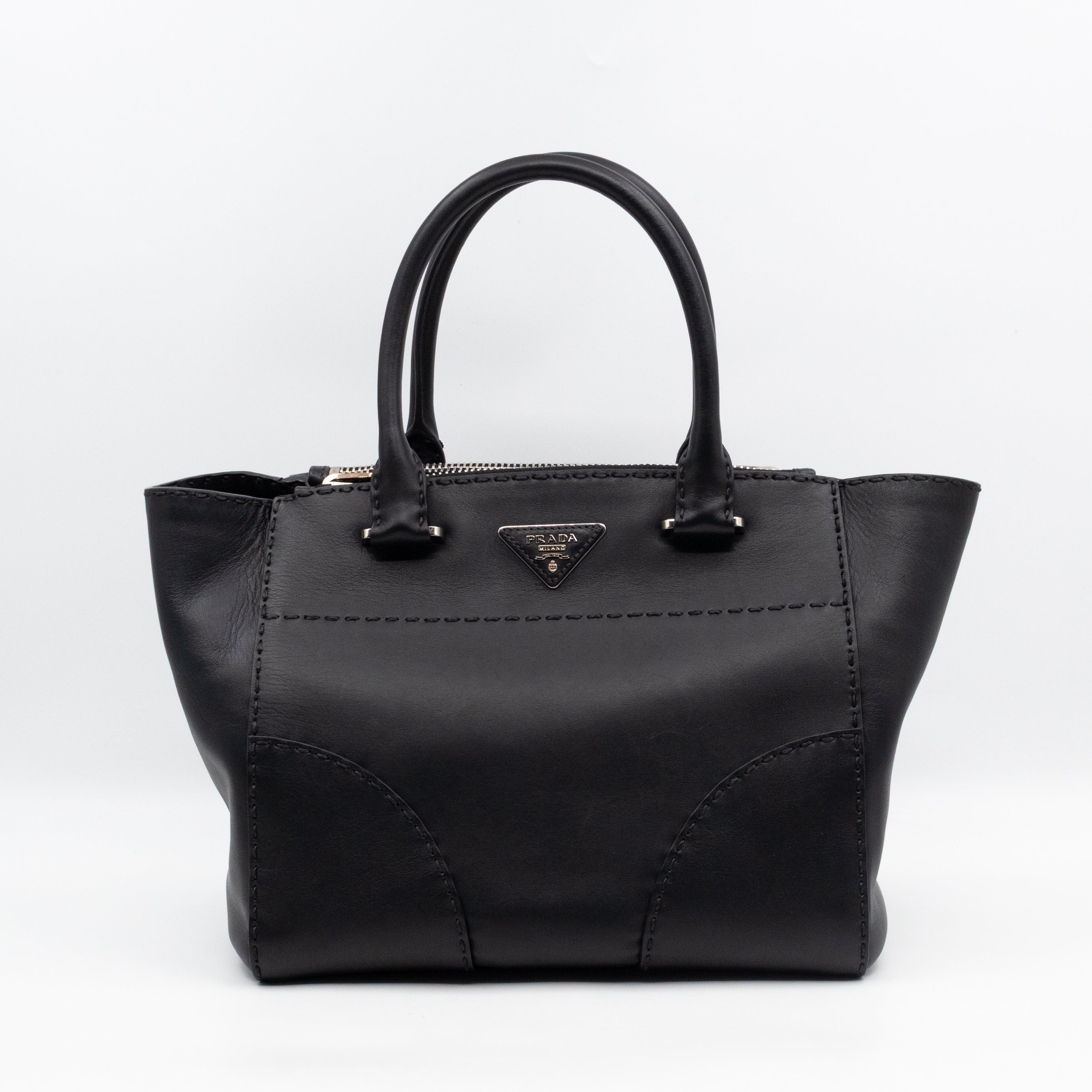 City Stitched Twin Tote Bag Black Calf Leather