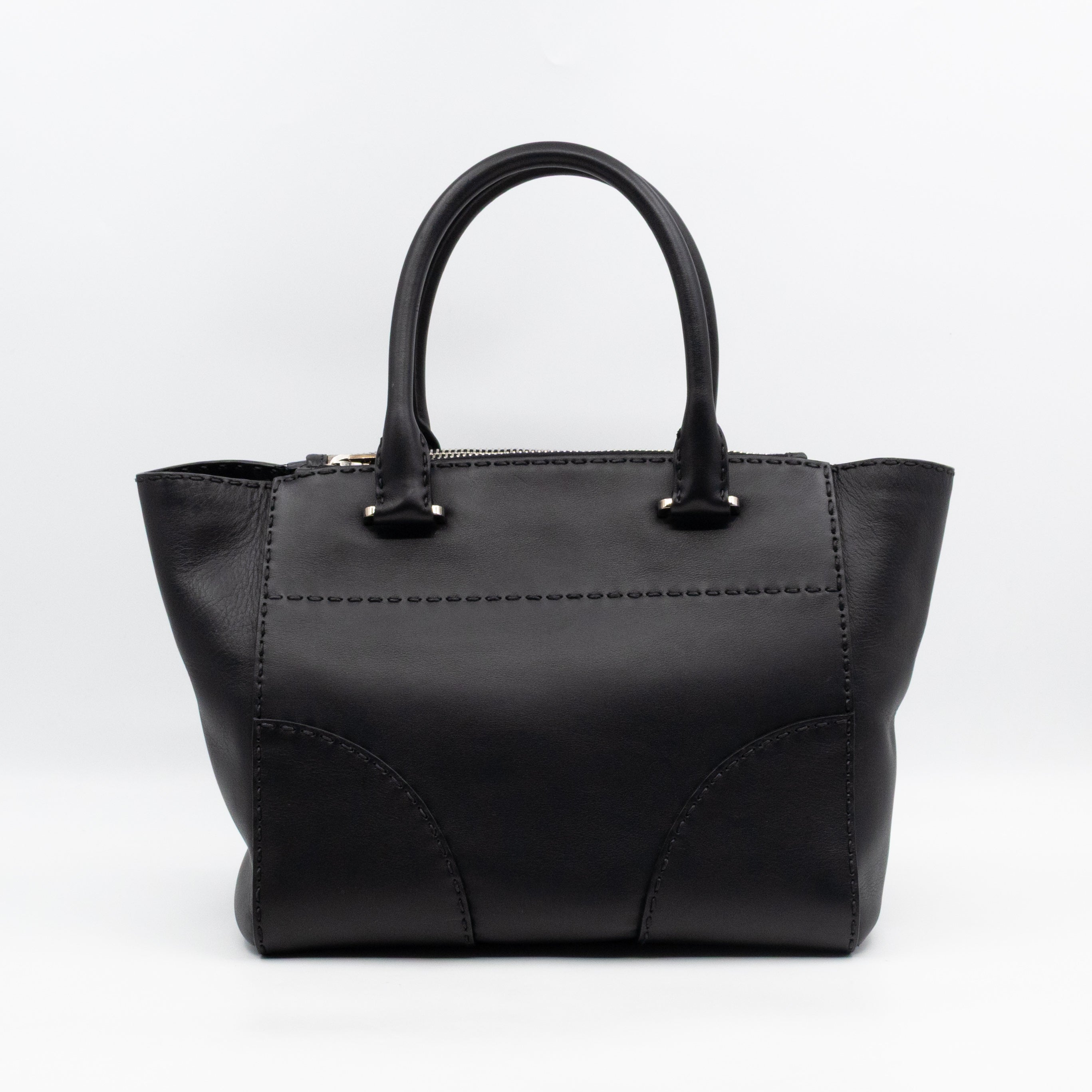 City Stitched Twin Tote Bag Black Calf Leather
