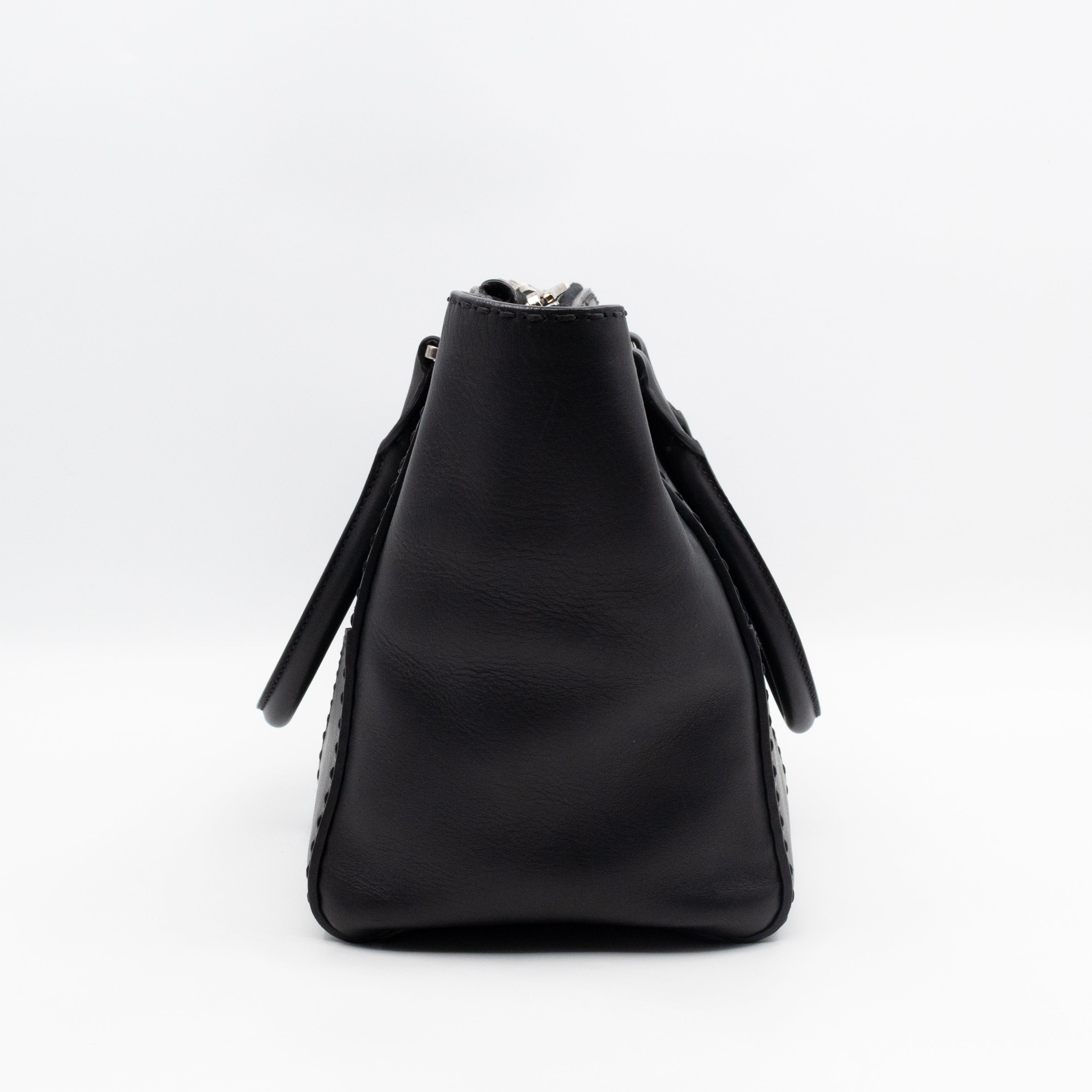 City Stitched Twin Tote Bag Black Calf Leather
