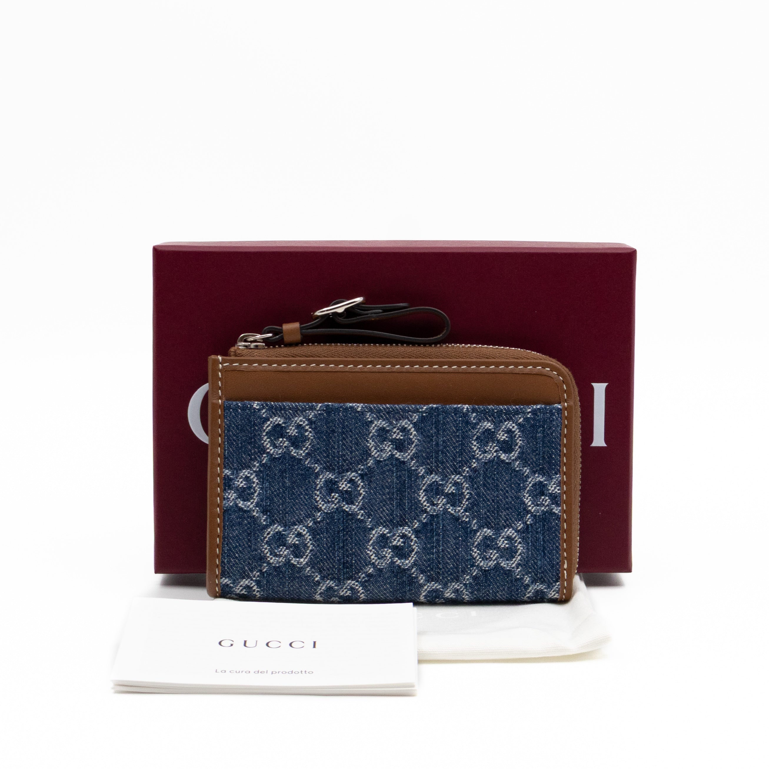 Emblem Zipped Card Holder Blue Denim Caramel Leather