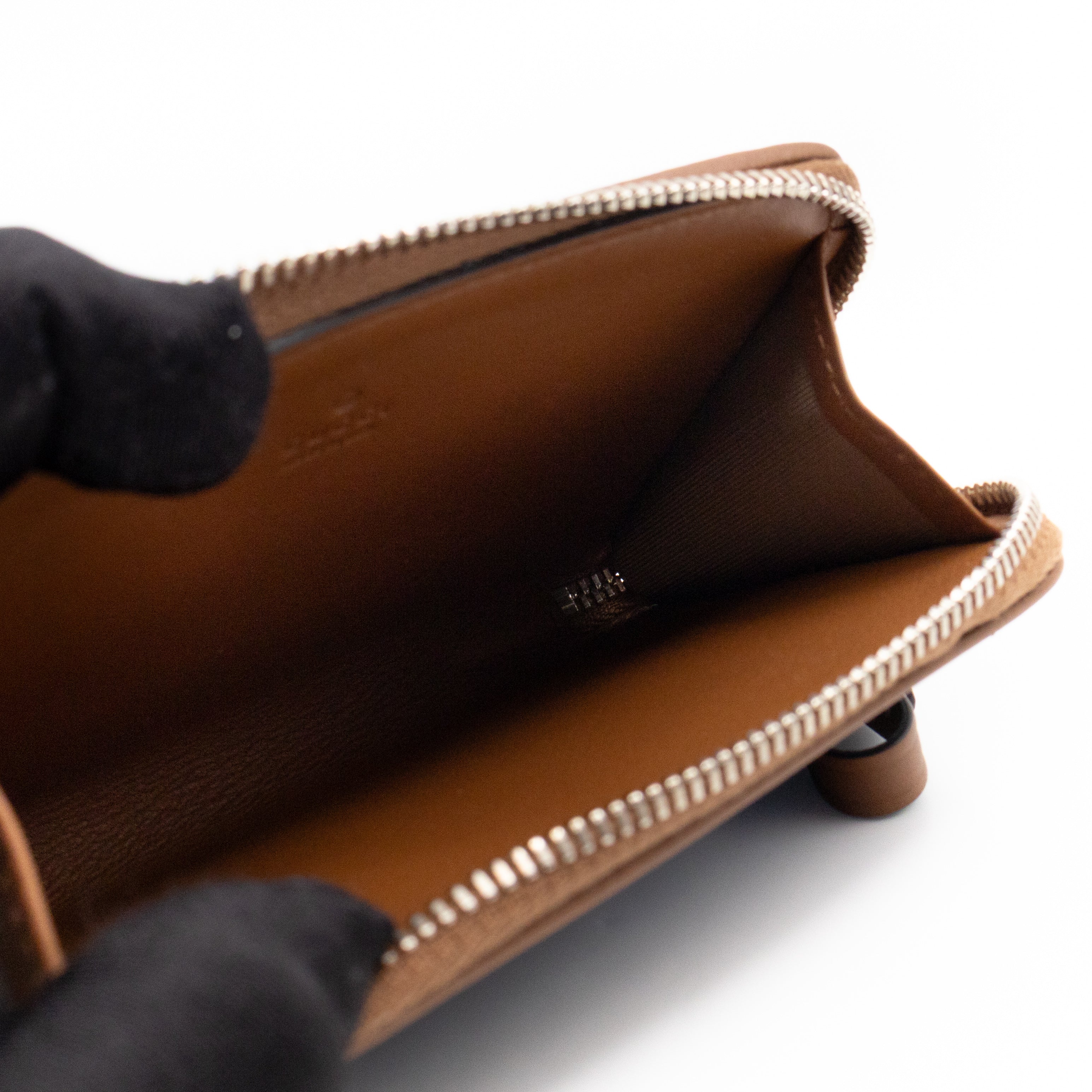Emblem Zipped Card Holder Blue Denim Caramel Leather