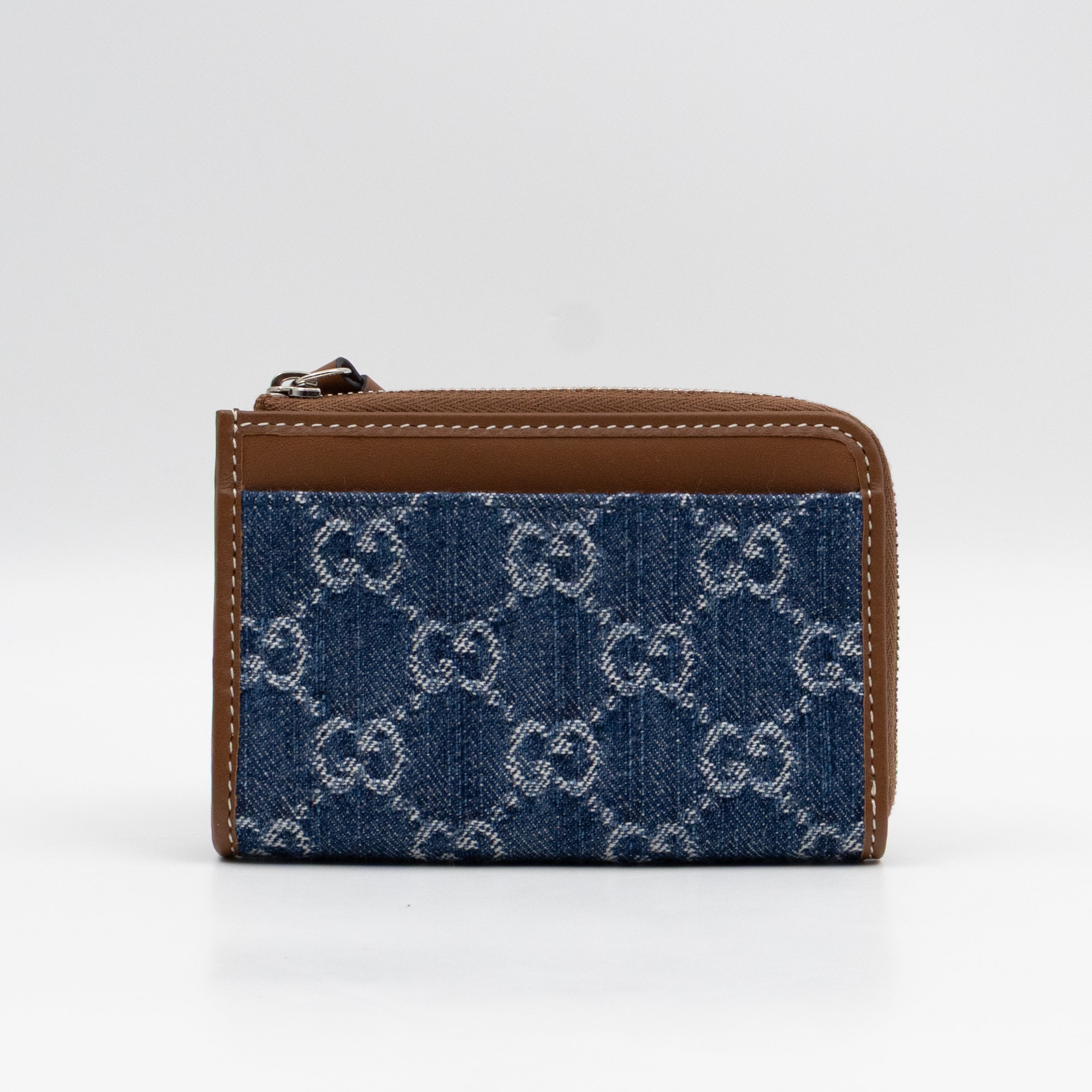 Emblem Zipped Card Holder Blue Denim Caramel Leather