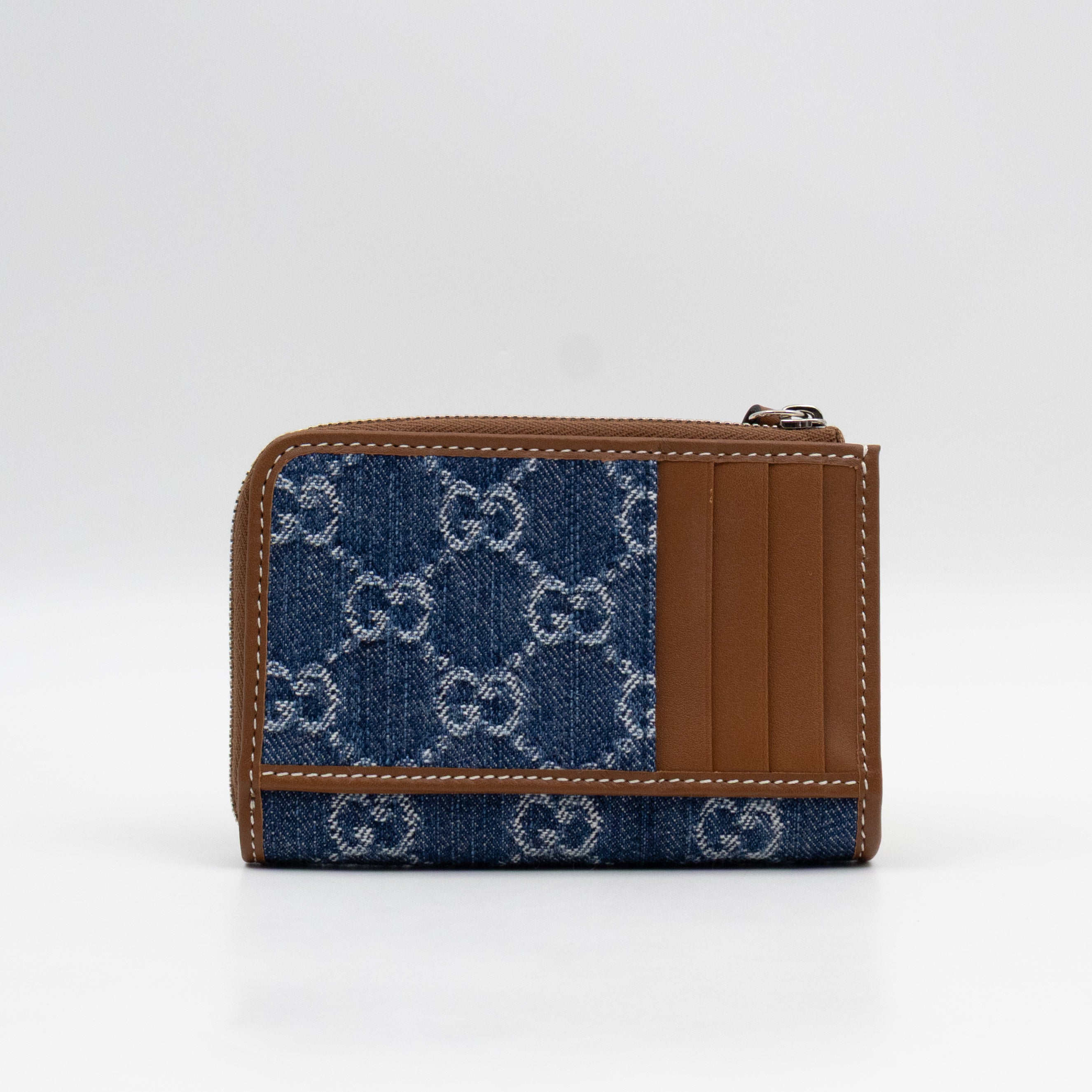 Emblem Zipped Card Holder Blue Denim Caramel Leather