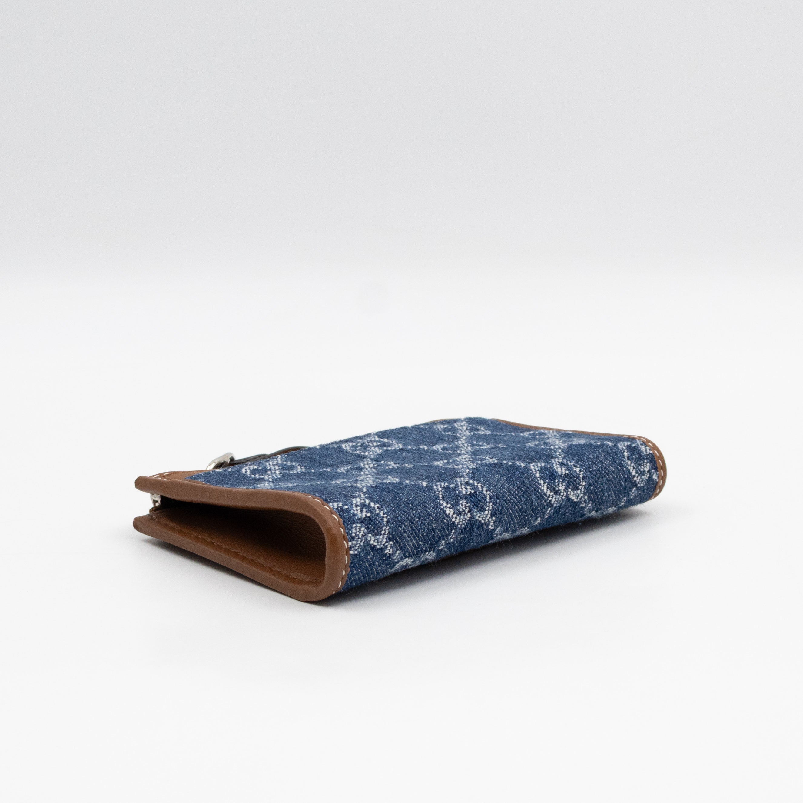 Emblem Zipped Card Holder Blue Denim Caramel Leather