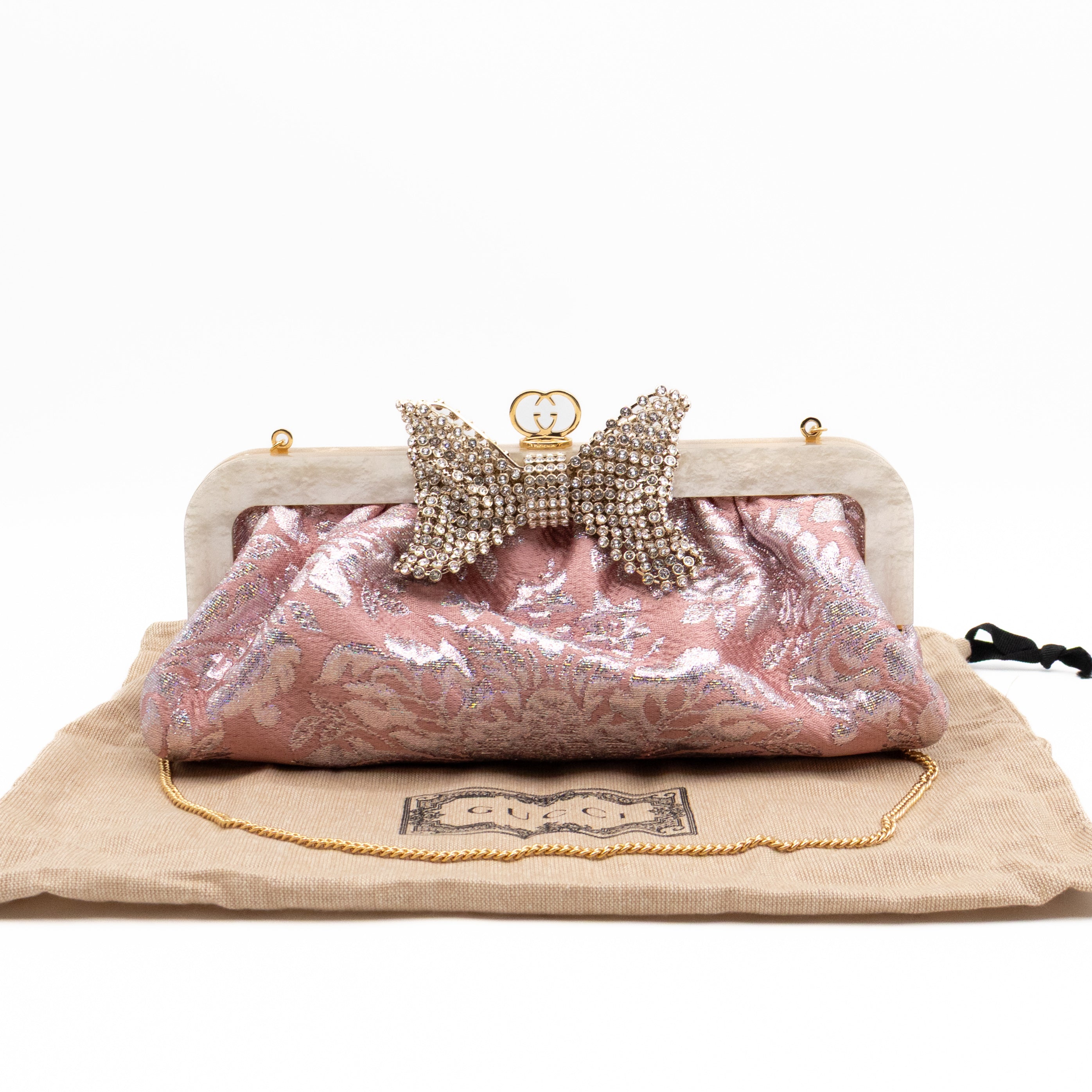 Broadway Chain Clutch Pink Floral Brocade Crystal Bow