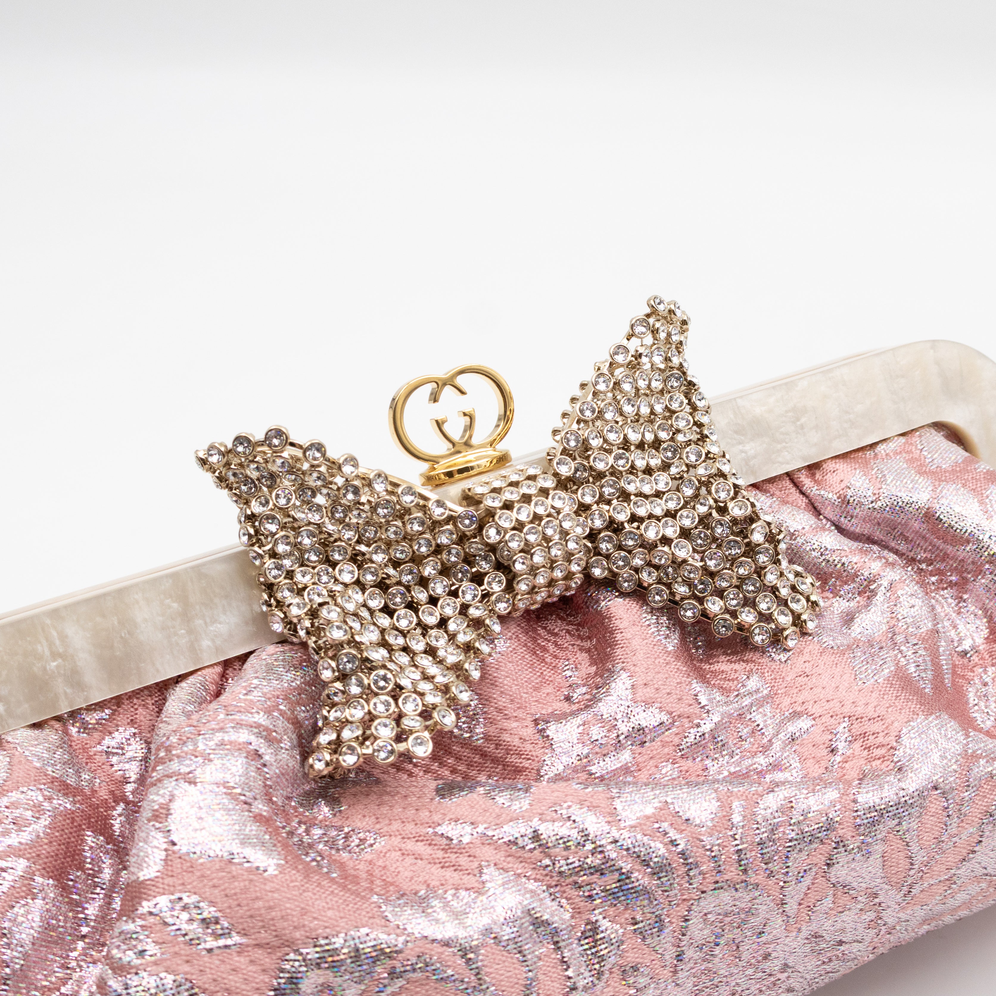 Broadway Chain Clutch Pink Floral Brocade Crystal Bow