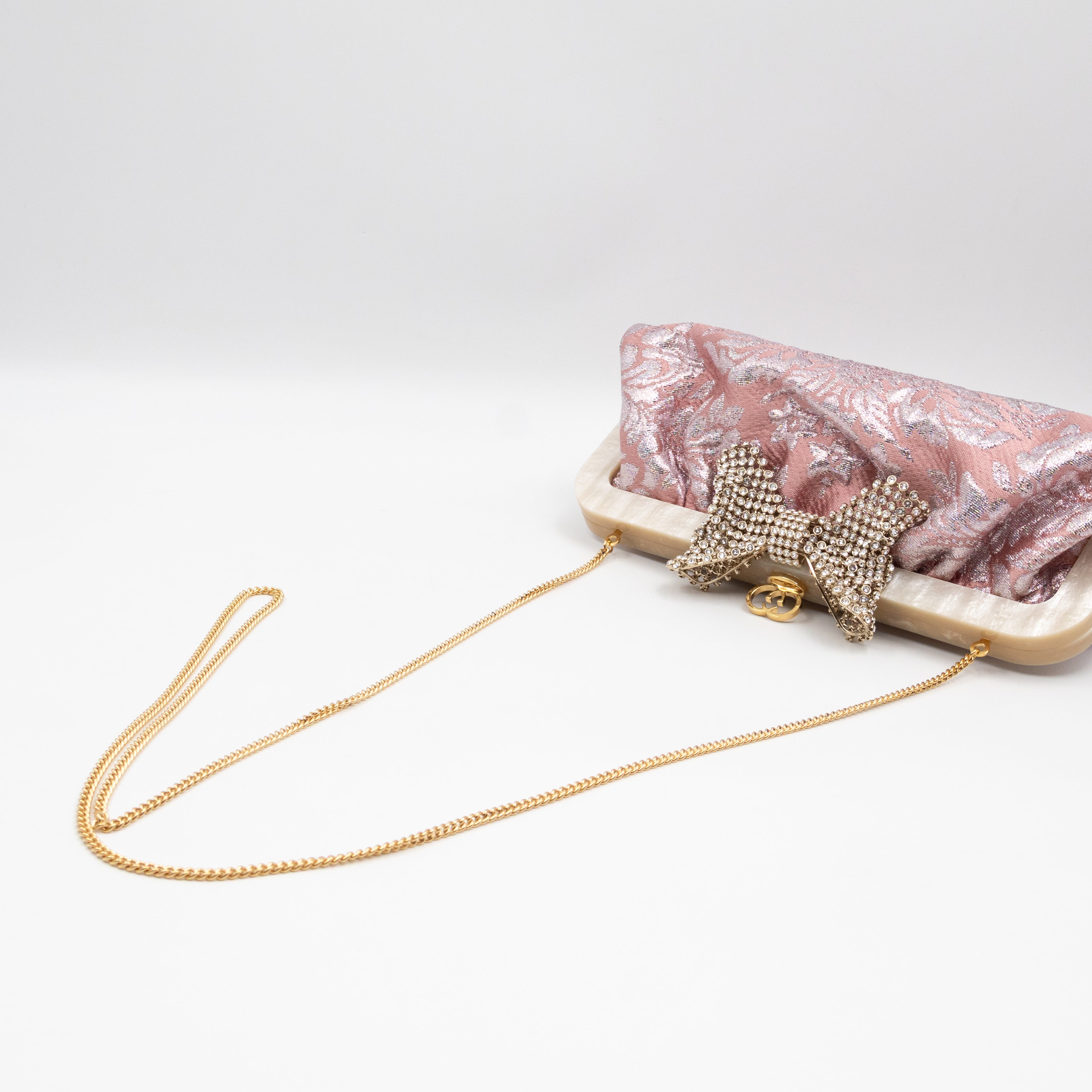 Broadway Chain Clutch Pink Floral Brocade Crystal Bow