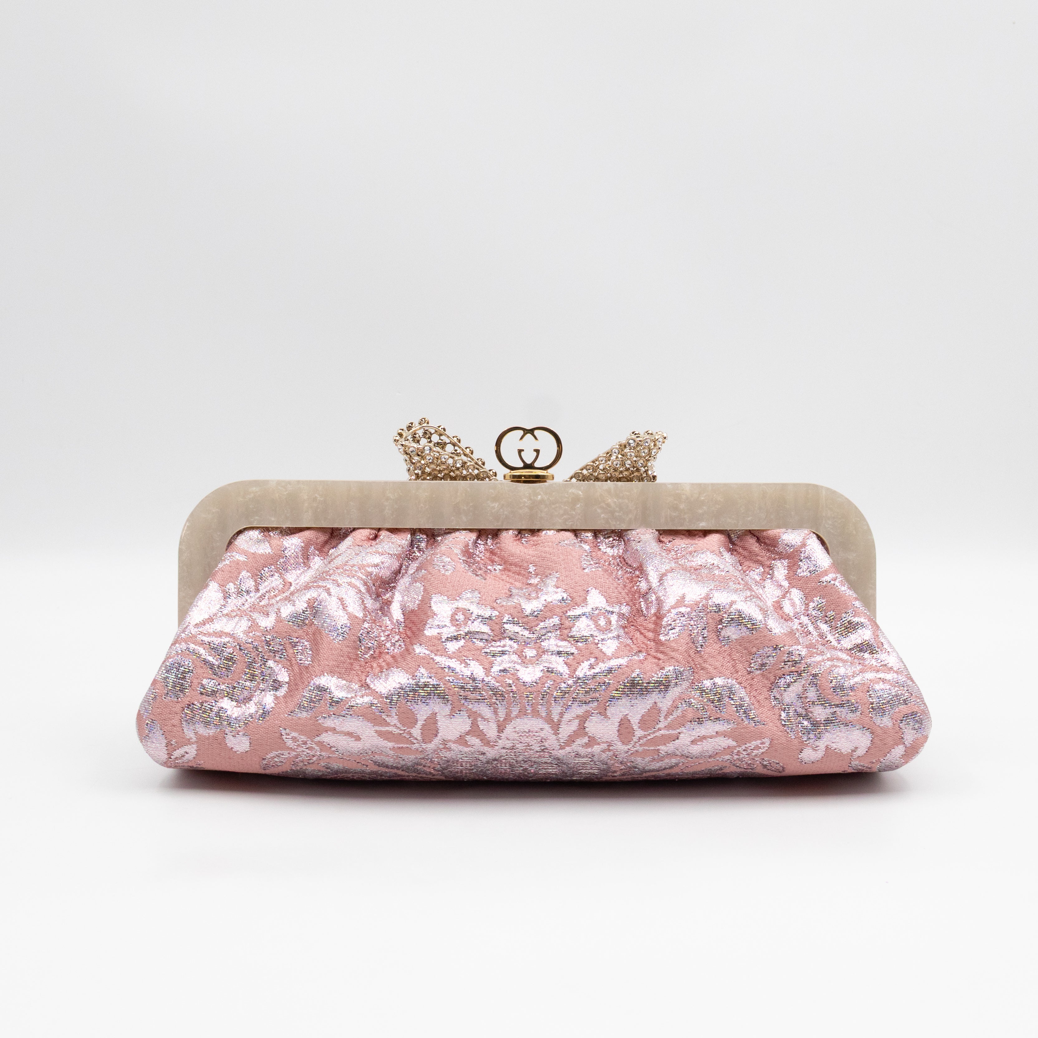 Broadway Chain Clutch Pink Floral Brocade Crystal Bow