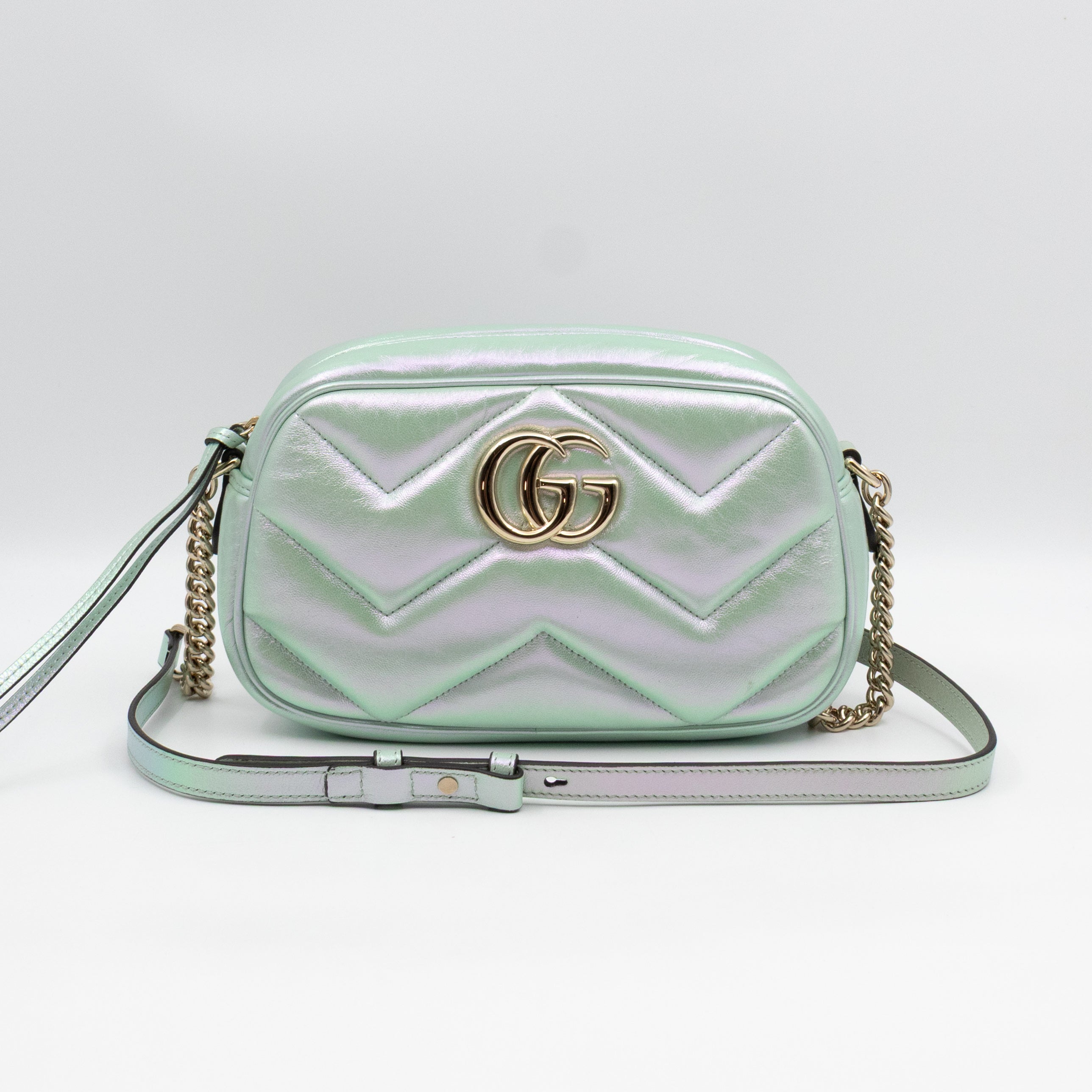 GG Marmont Small Camera Bag Green Iridescent Leather