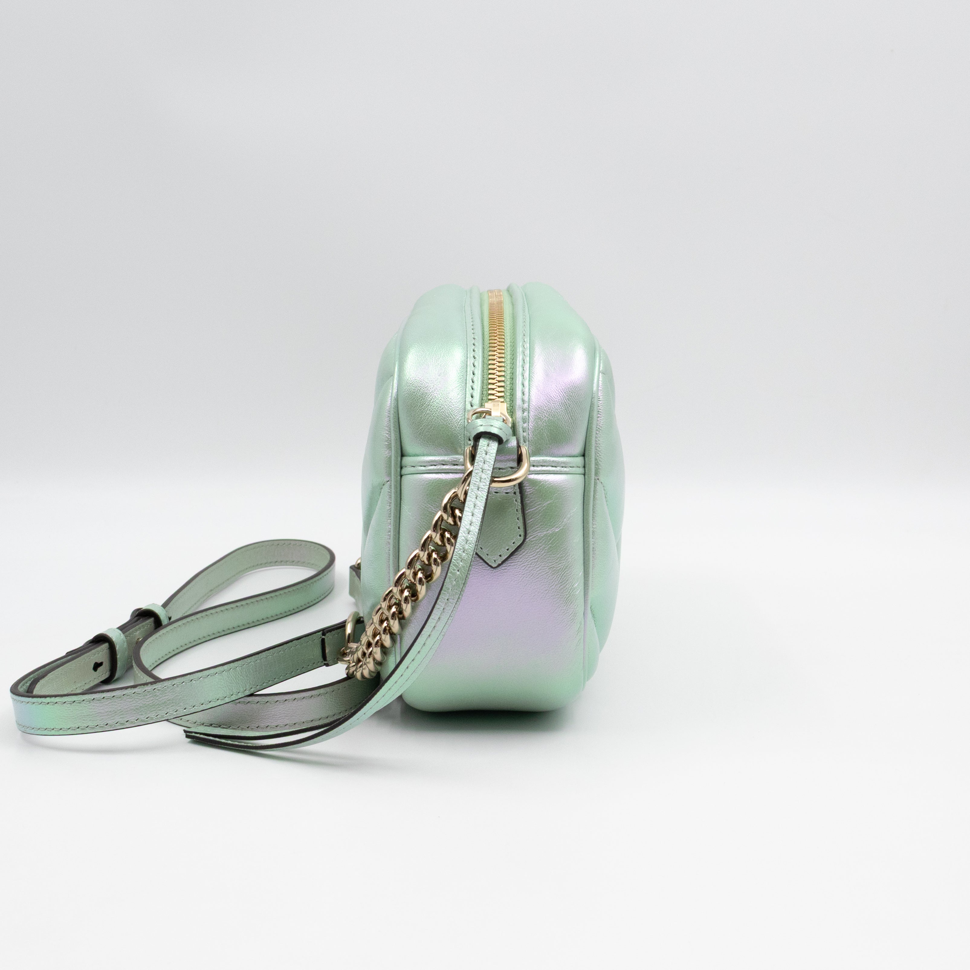 GG Marmont Small Camera Bag Green Iridescent Leather