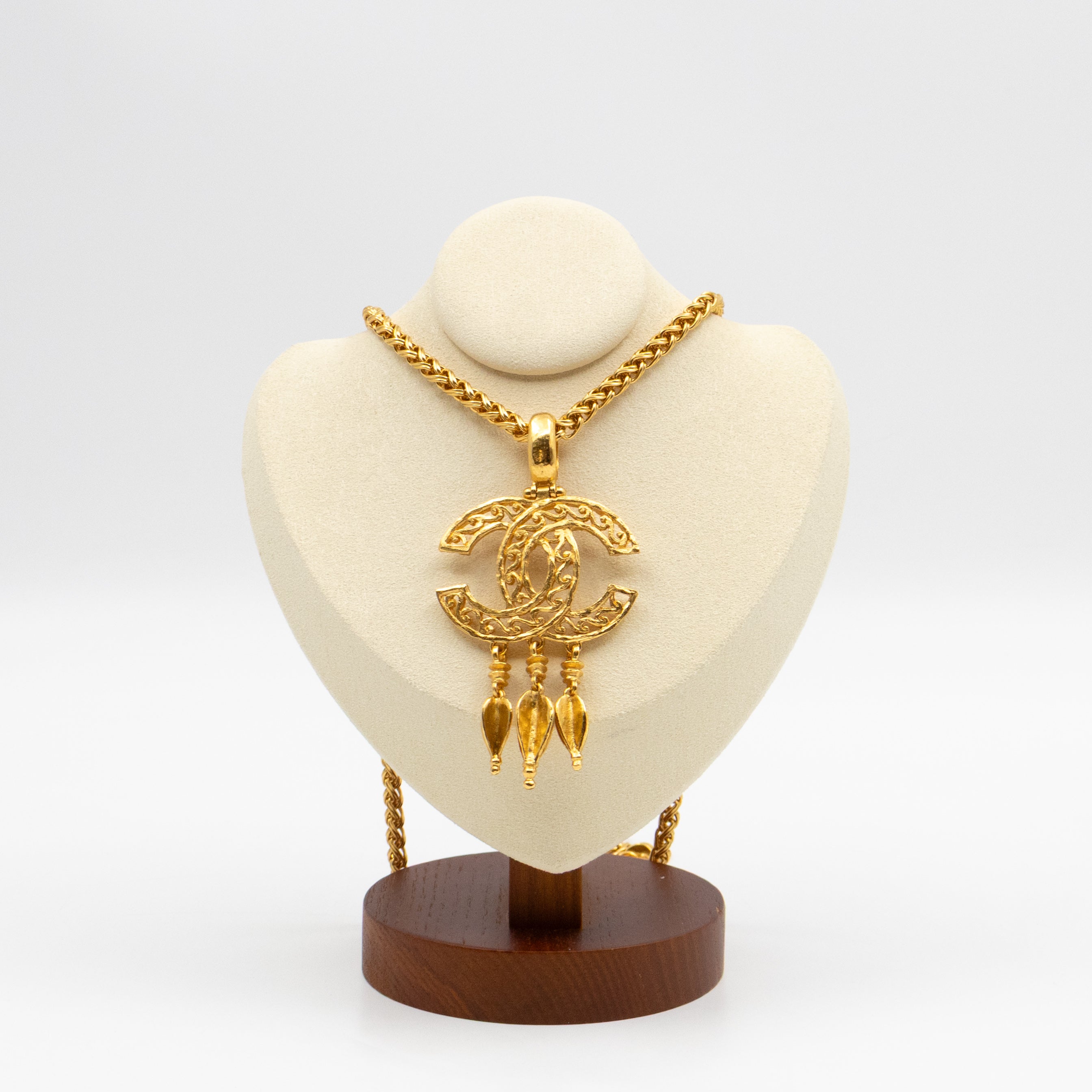 Vintage CC Fretwork Dangle Necklace Gold