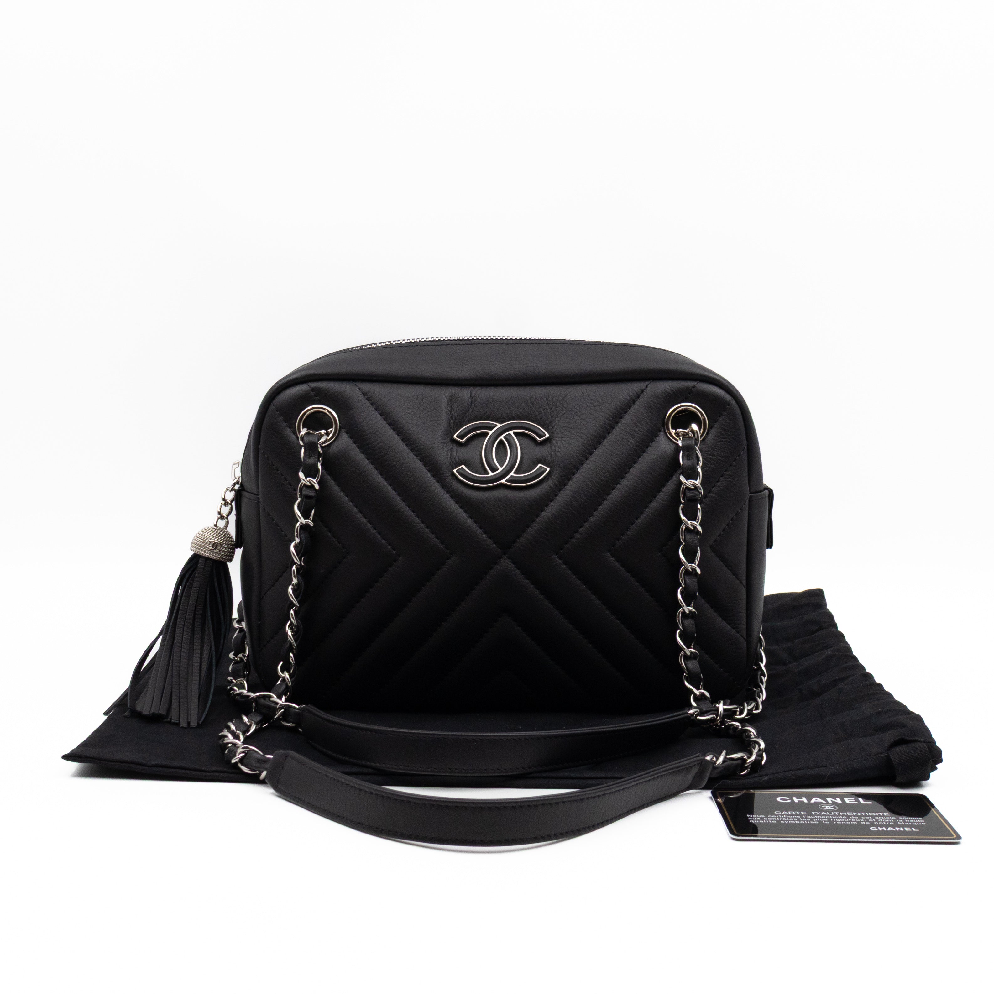 Camera Case Diagonal Chevron Black Calfskin Leather