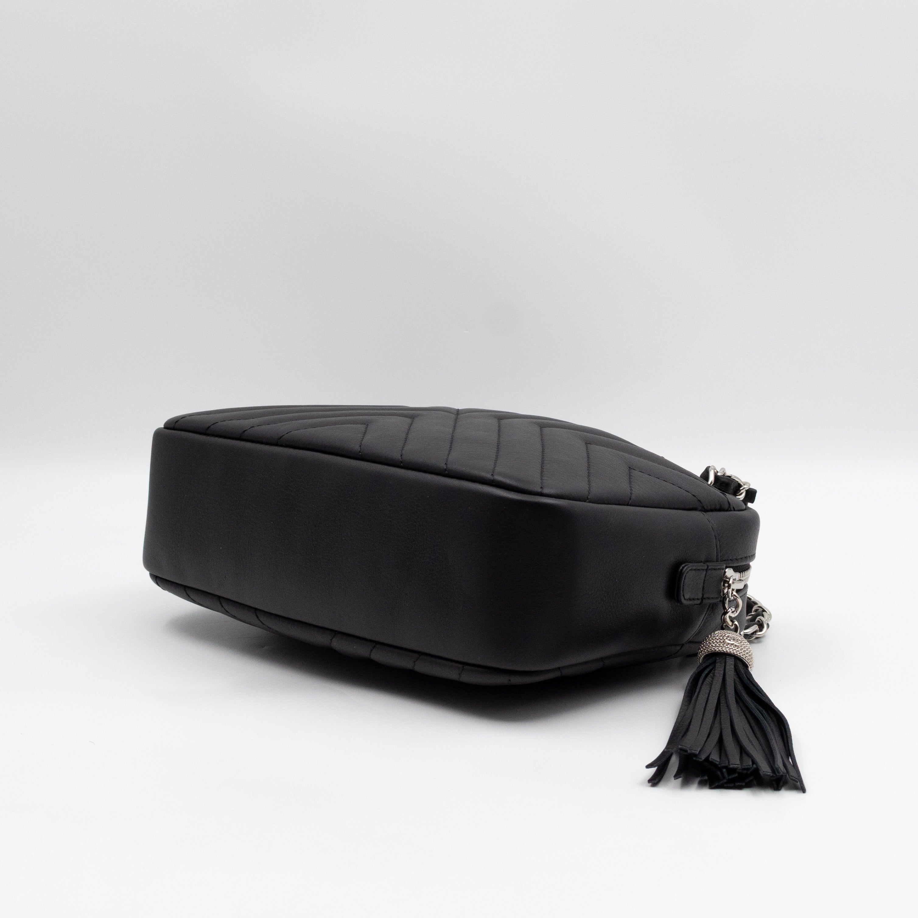 Camera Case Diagonal Chevron Black Calfskin Leather