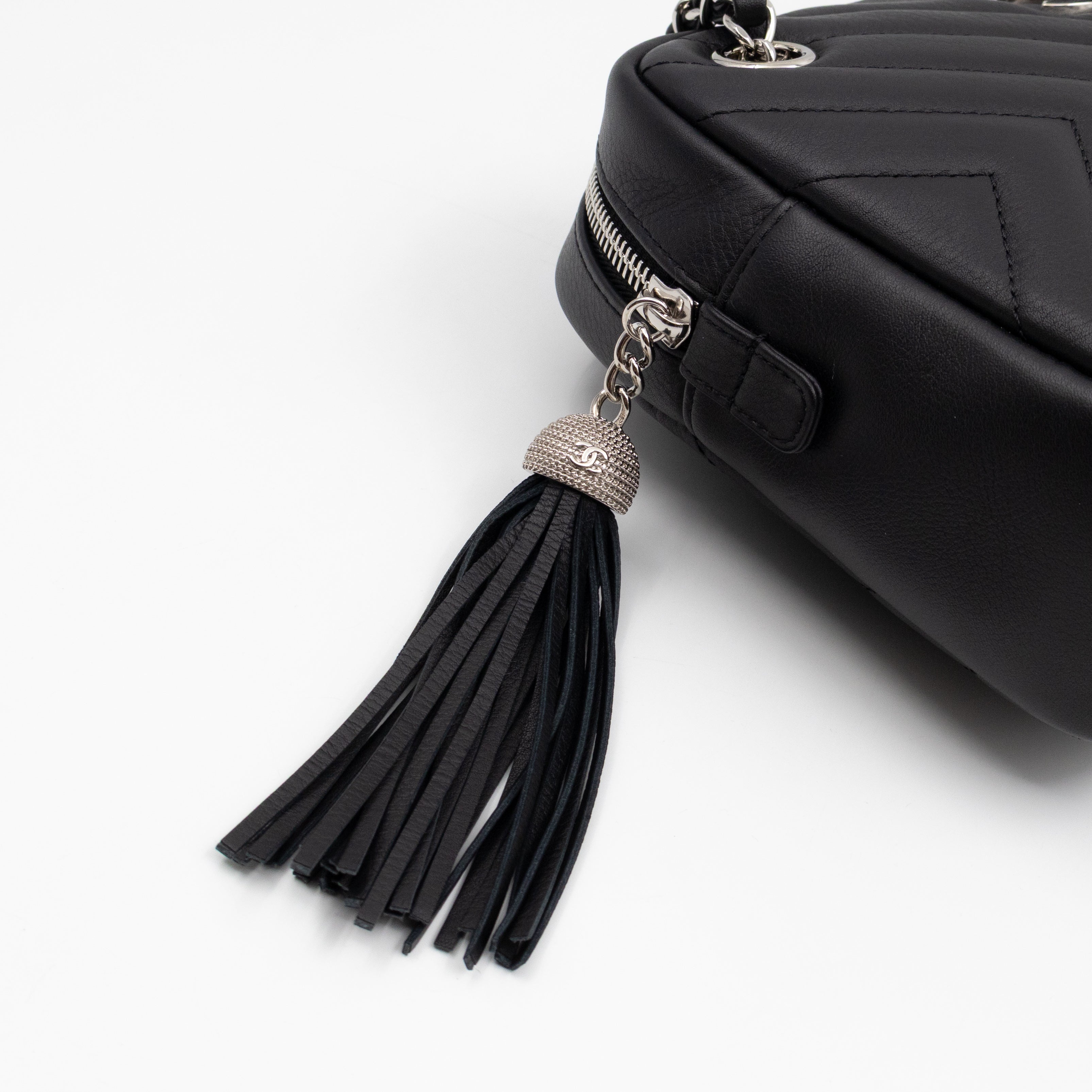 Camera Case Diagonal Chevron Black Calfskin Leather