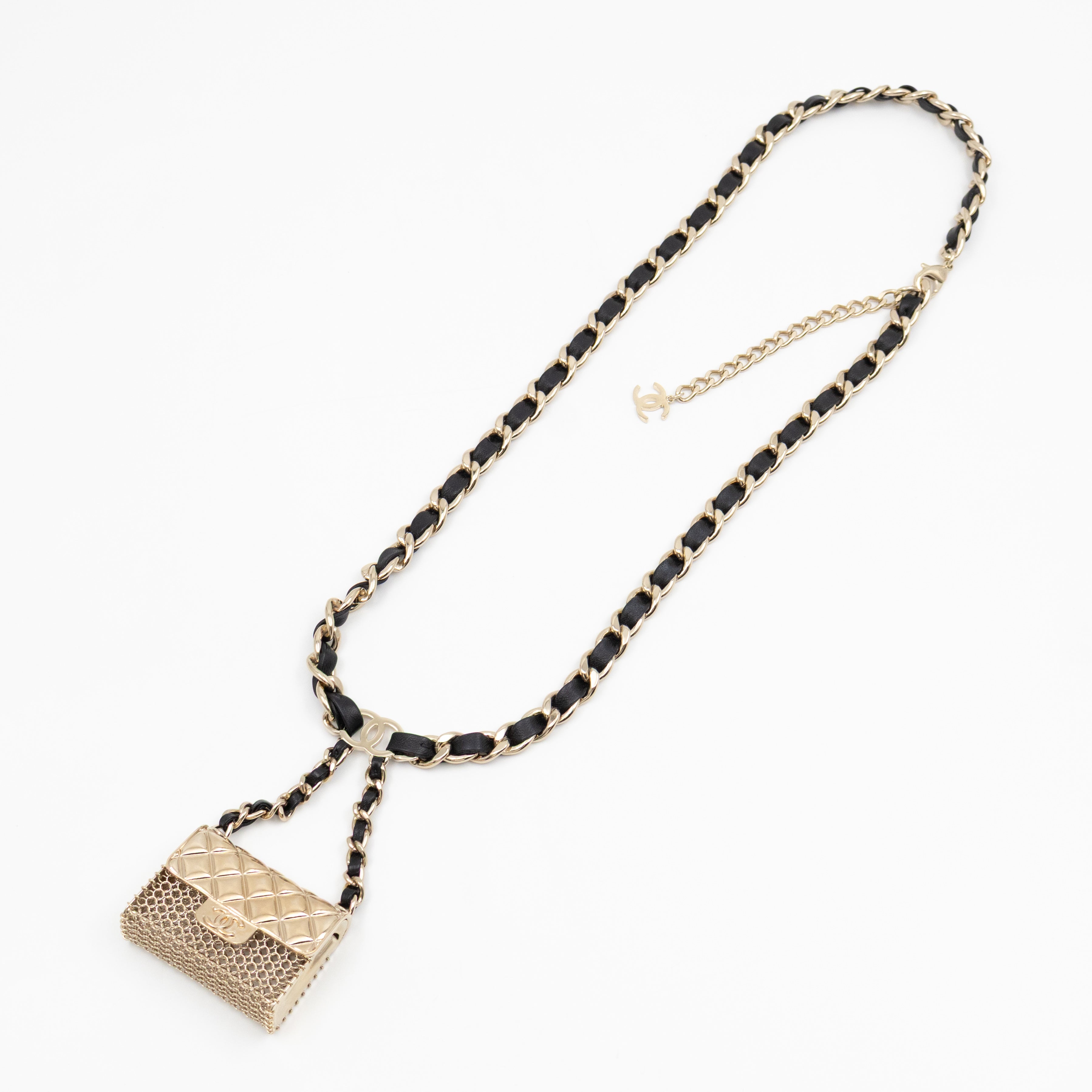 Leather Chain Necklace & Belt with Bag Charm Gold