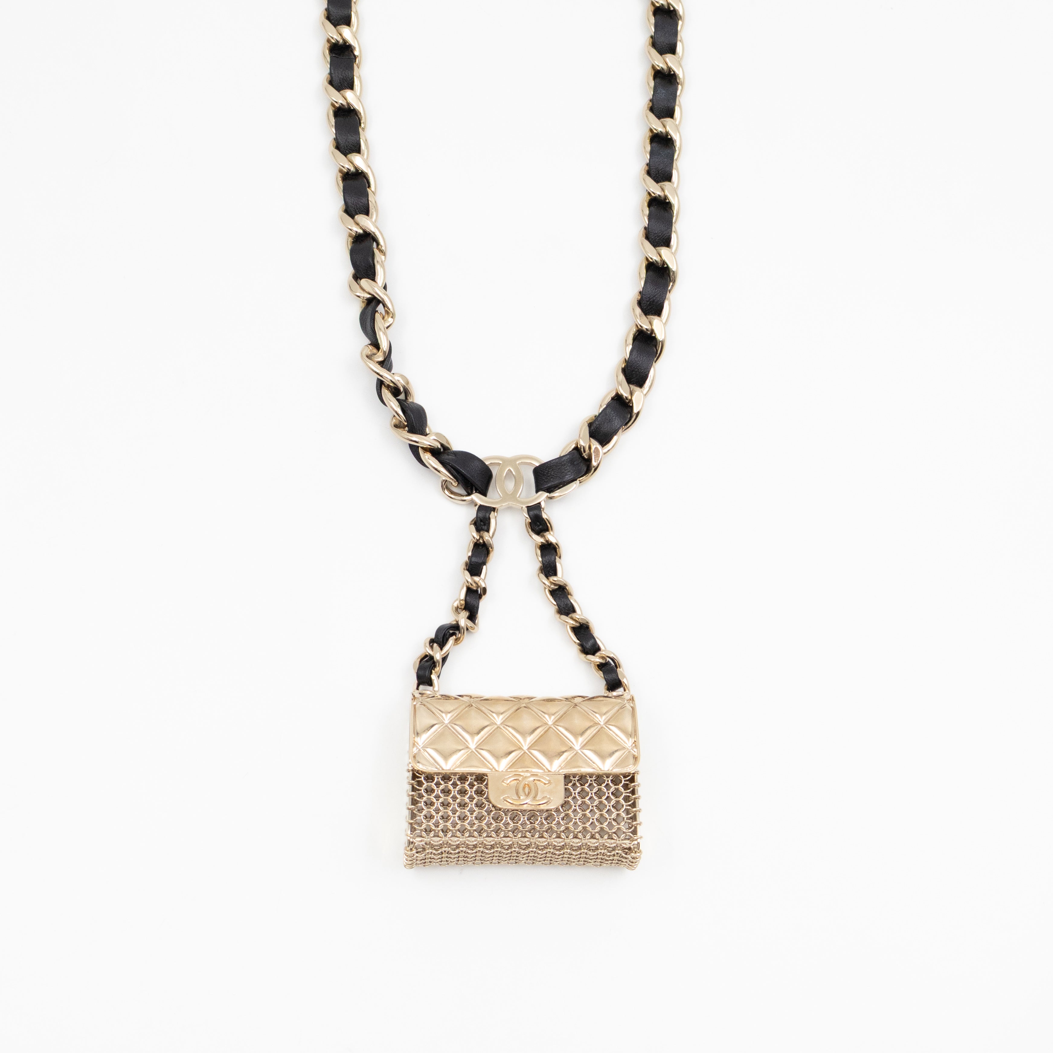 Leather Chain Necklace & Belt with Bag Charm Gold