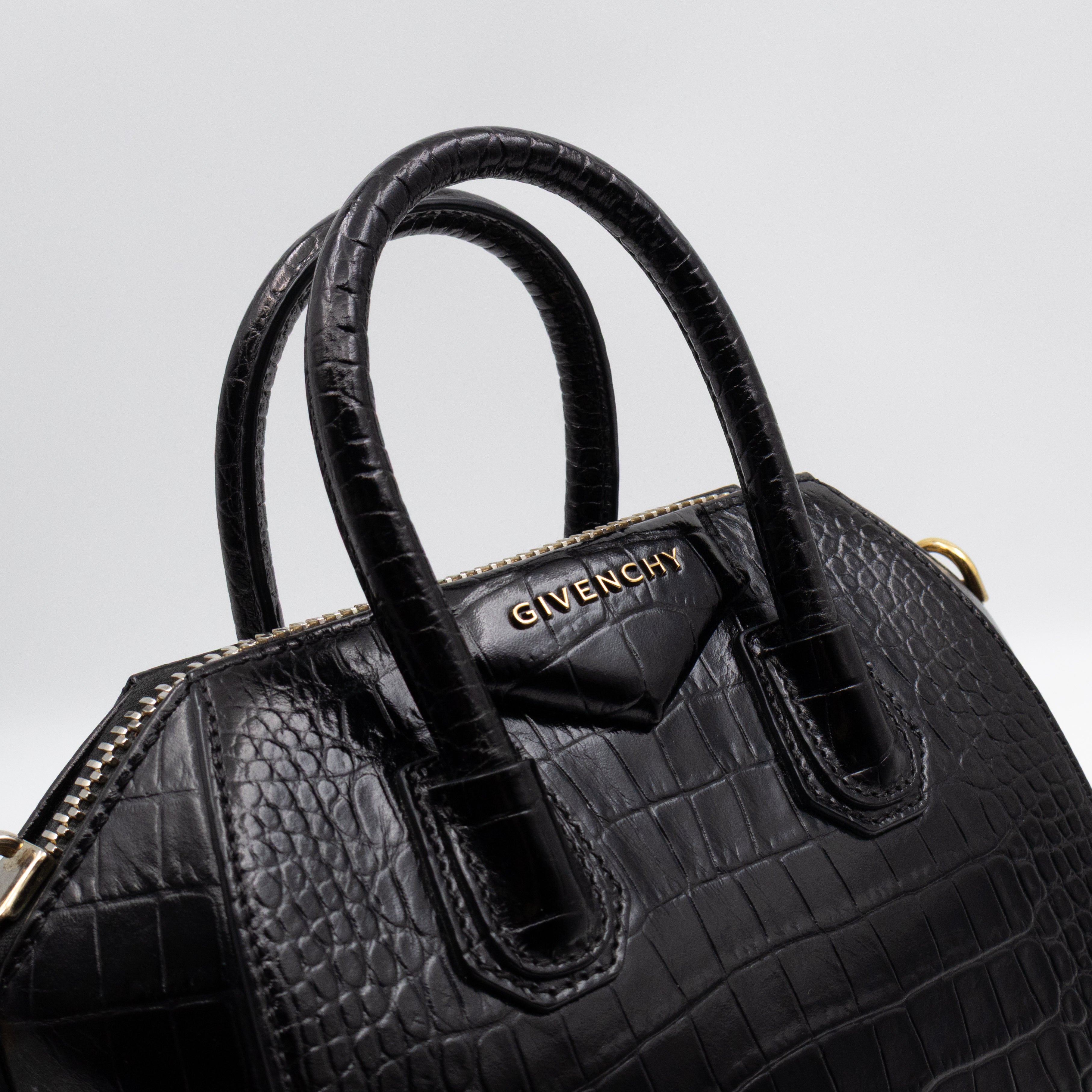 Antigona Mini Black Croc Embossed Leather