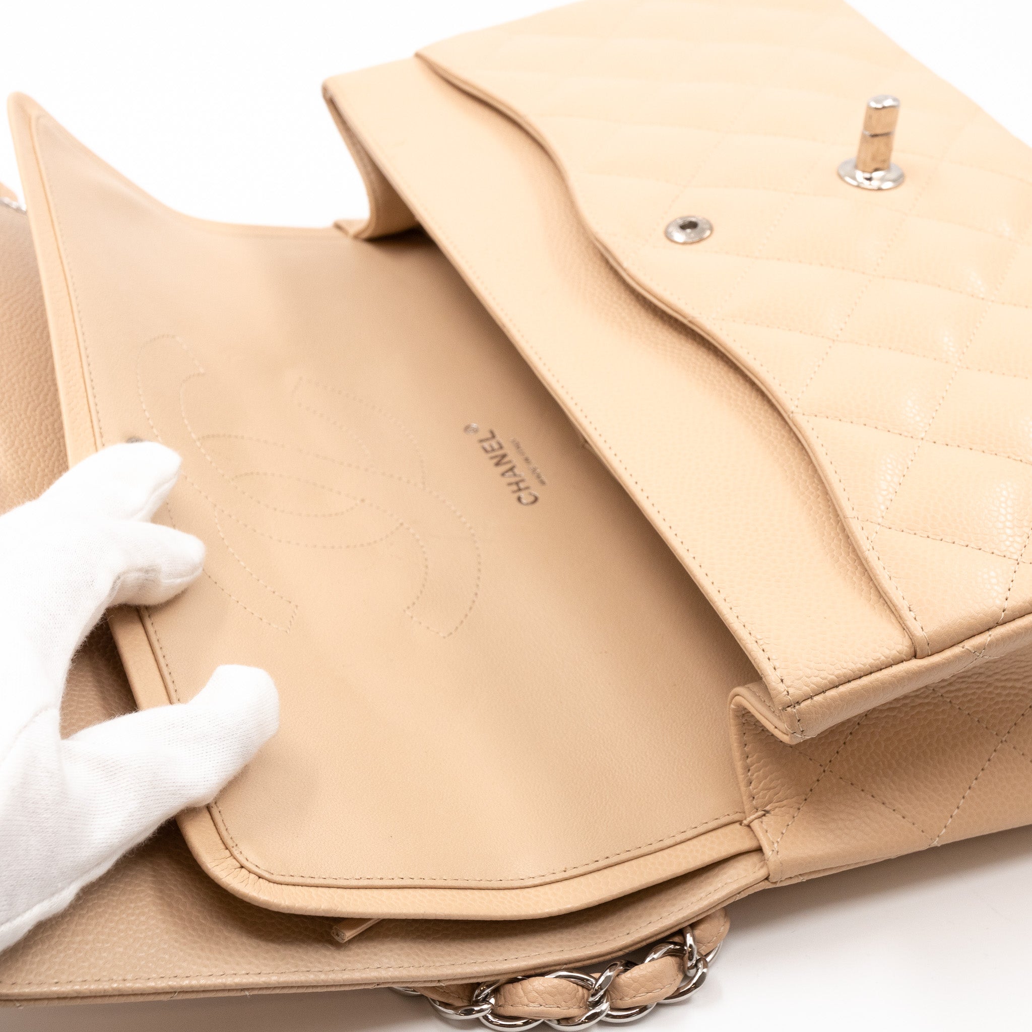 Classic Double Flap Jumbo Beige Caviar Leather