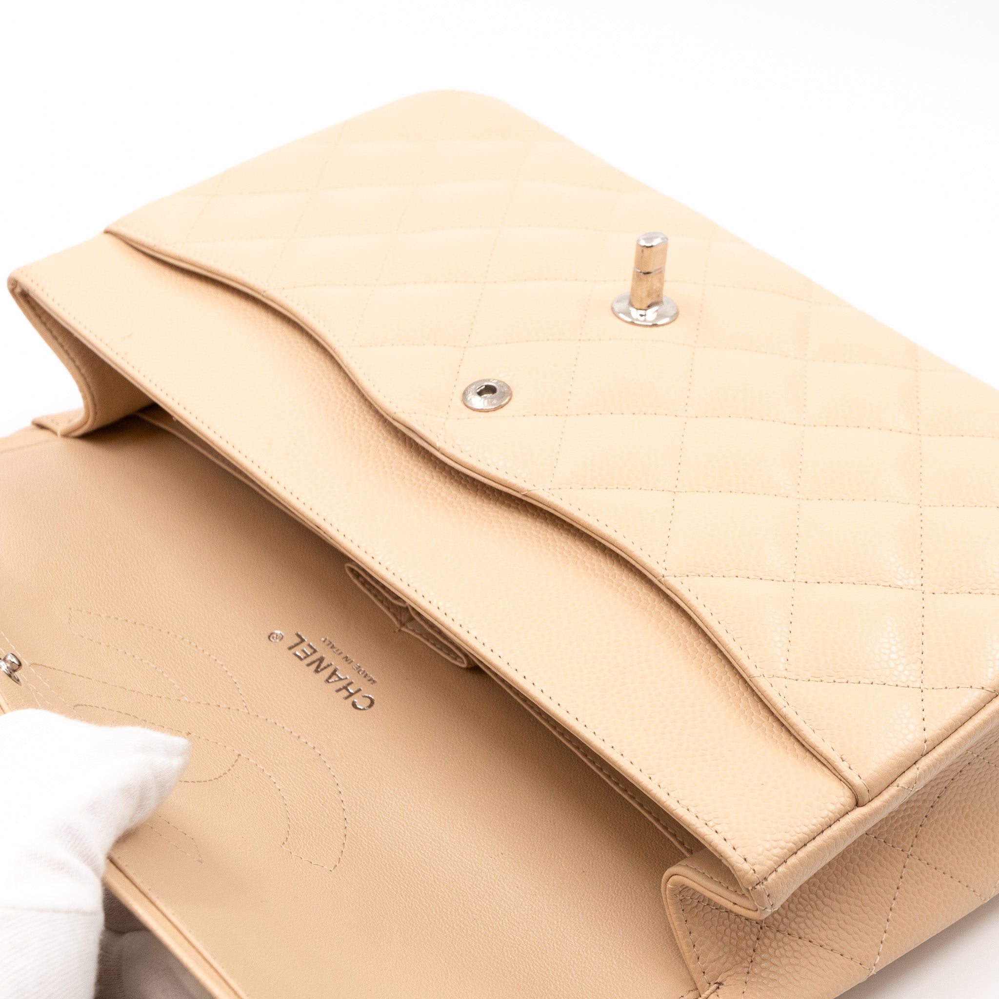 Classic Double Flap Jumbo Beige Caviar Leather