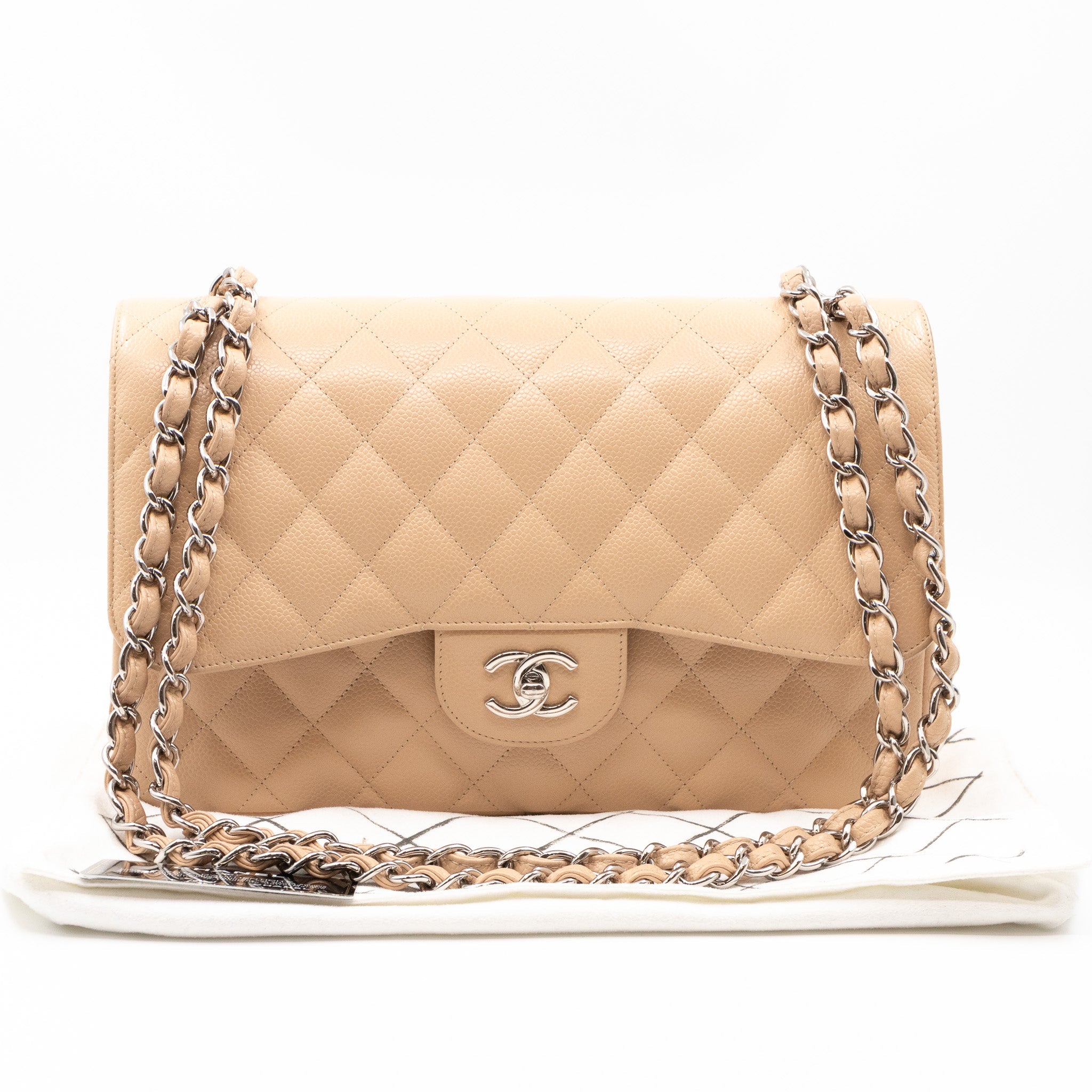 Classic Double Flap Jumbo Beige Caviar Leather