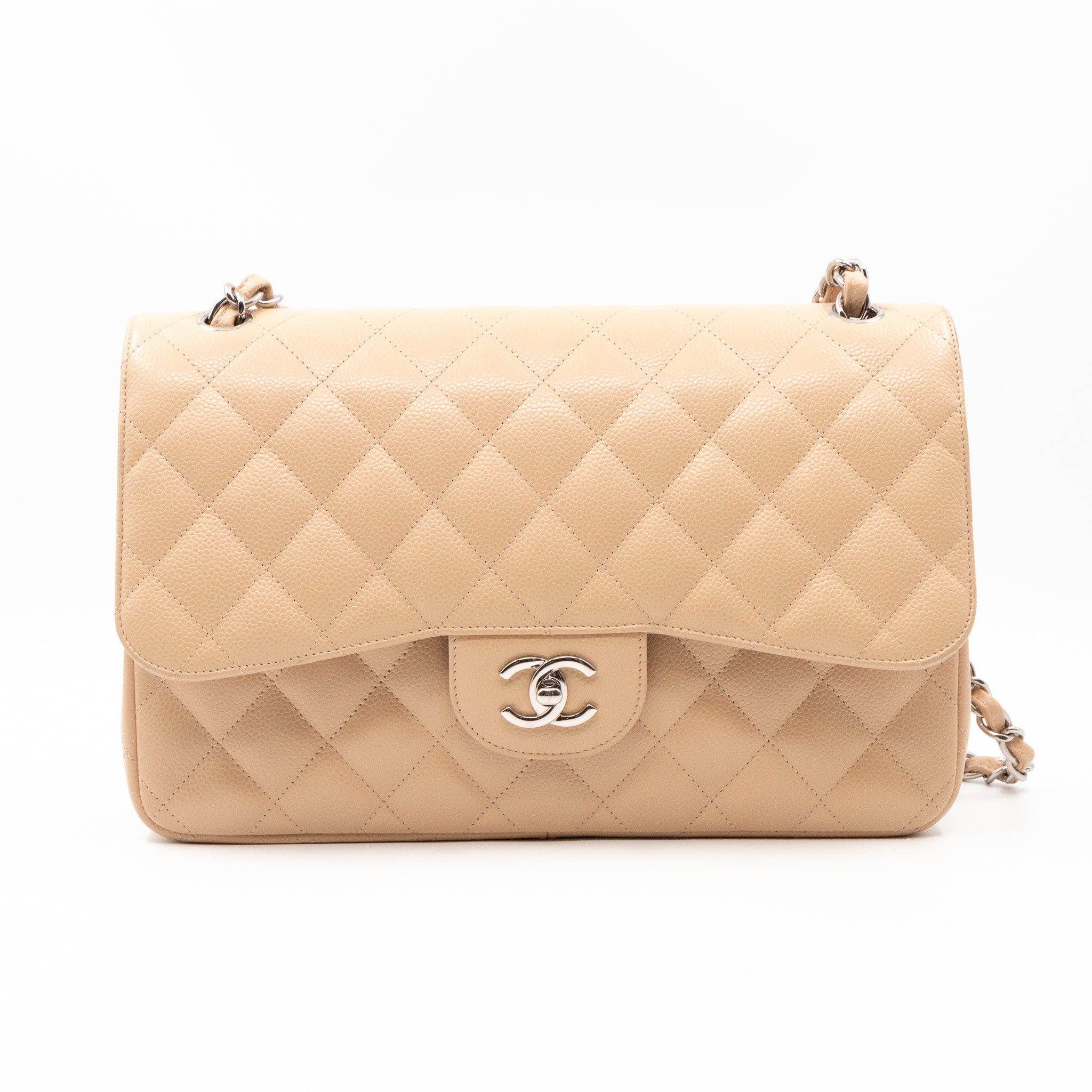 Classic Double Flap Jumbo Beige Caviar Leather