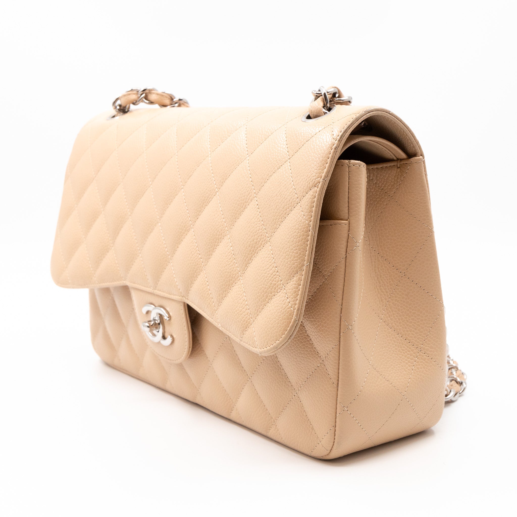 Classic Double Flap Jumbo Beige Caviar Leather