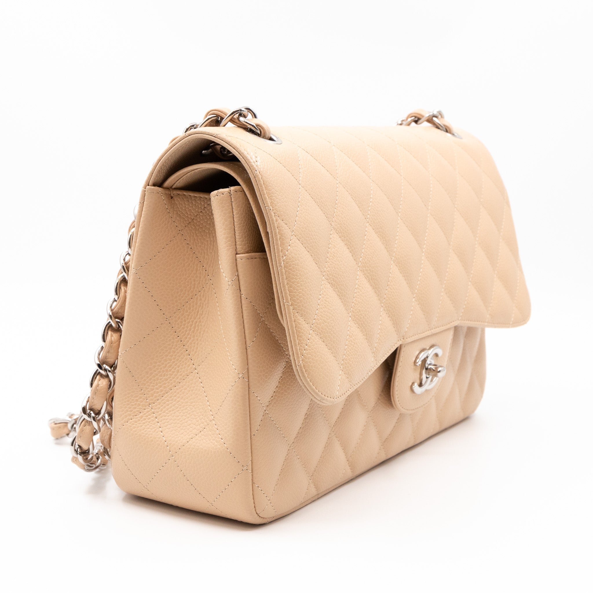 Classic Double Flap Jumbo Beige Caviar Leather