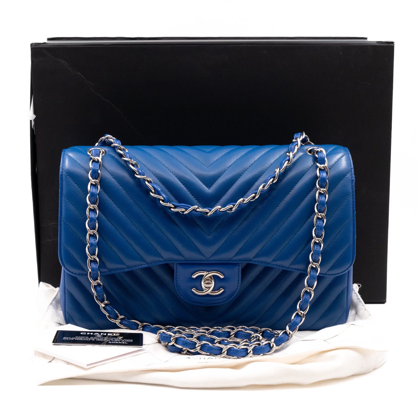 Classic Double Flap Jumbo Blue Chevron Caviar Silver