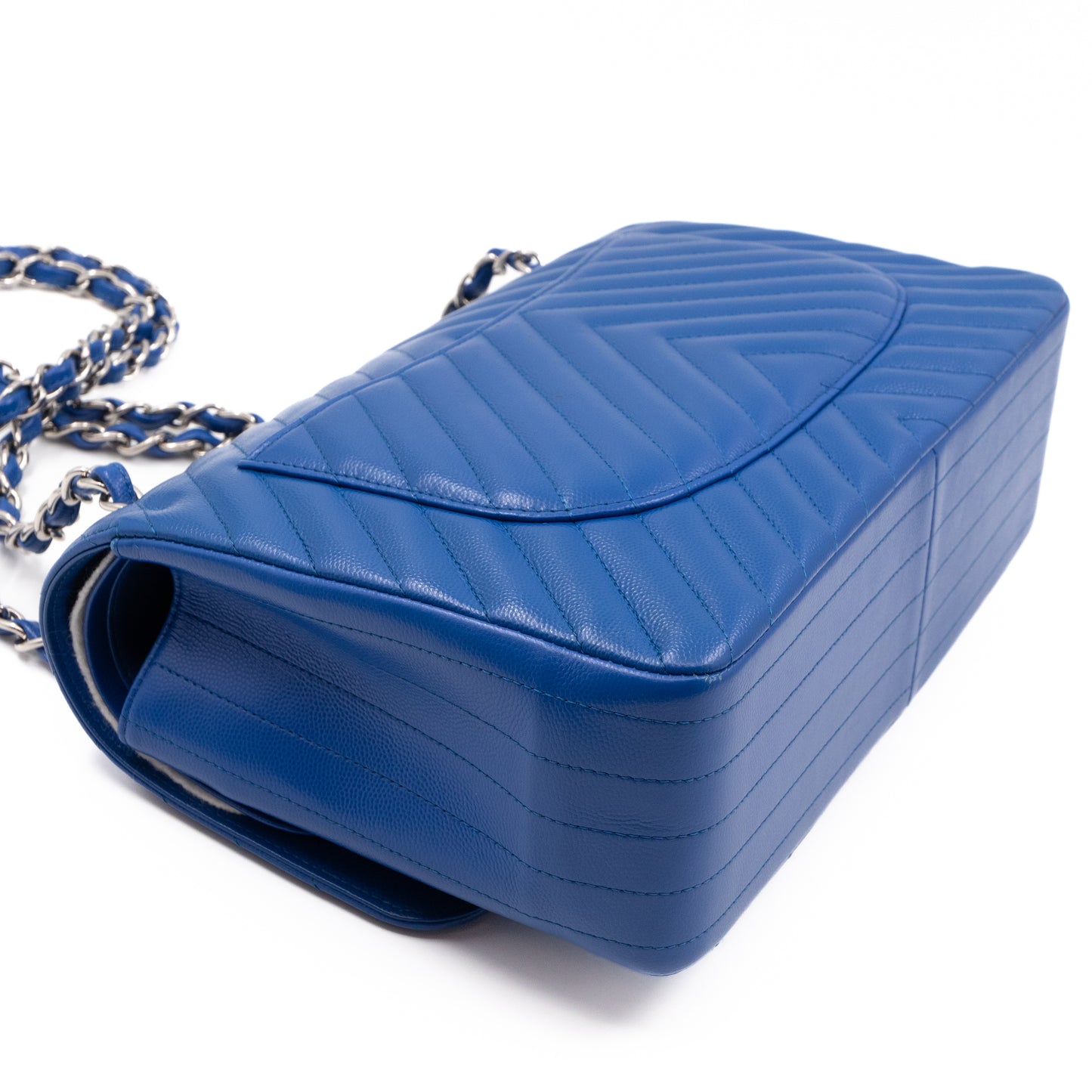 Classic Double Flap Jumbo Blue Chevron Caviar Silver