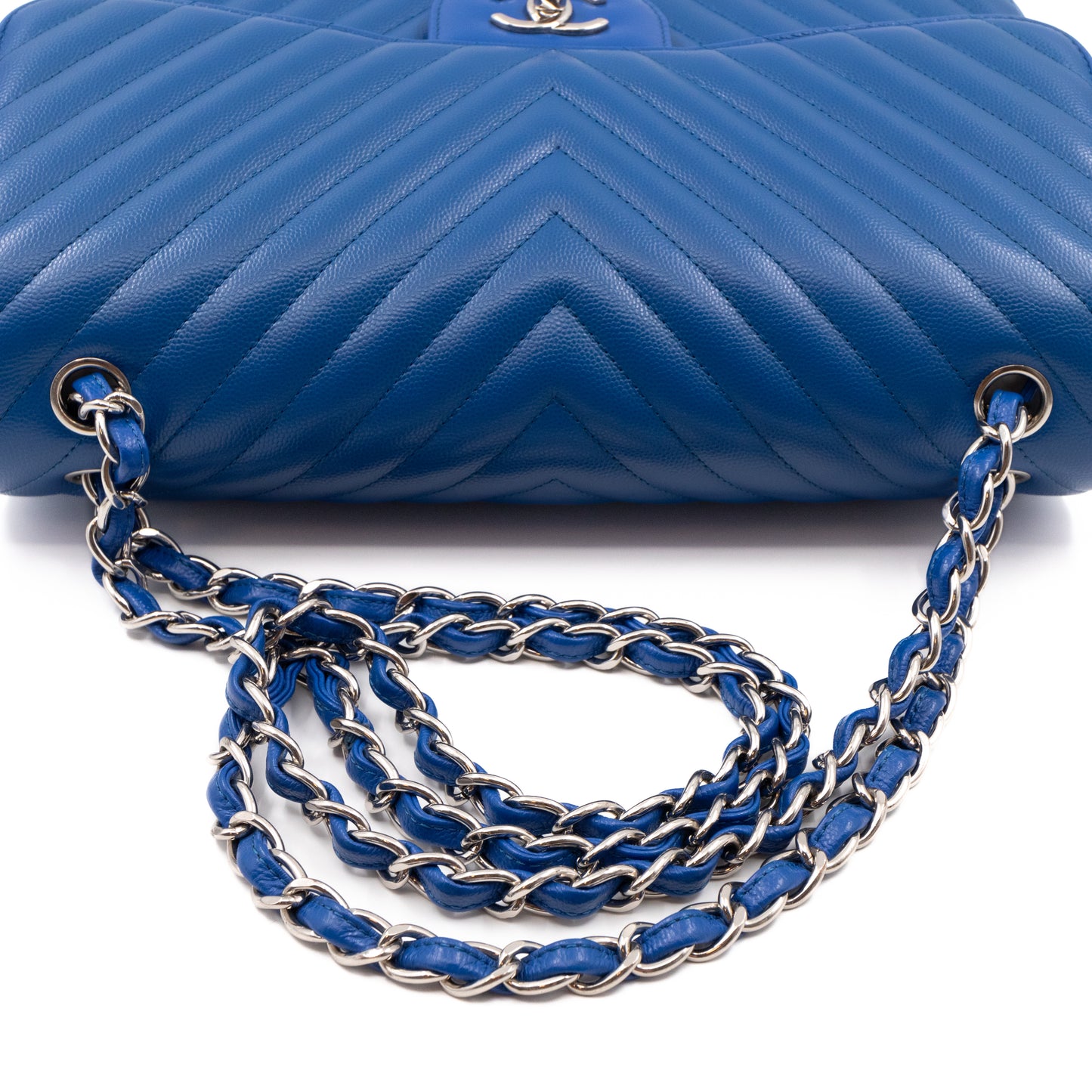 Classic Double Flap Jumbo Blue Chevron Caviar Silver