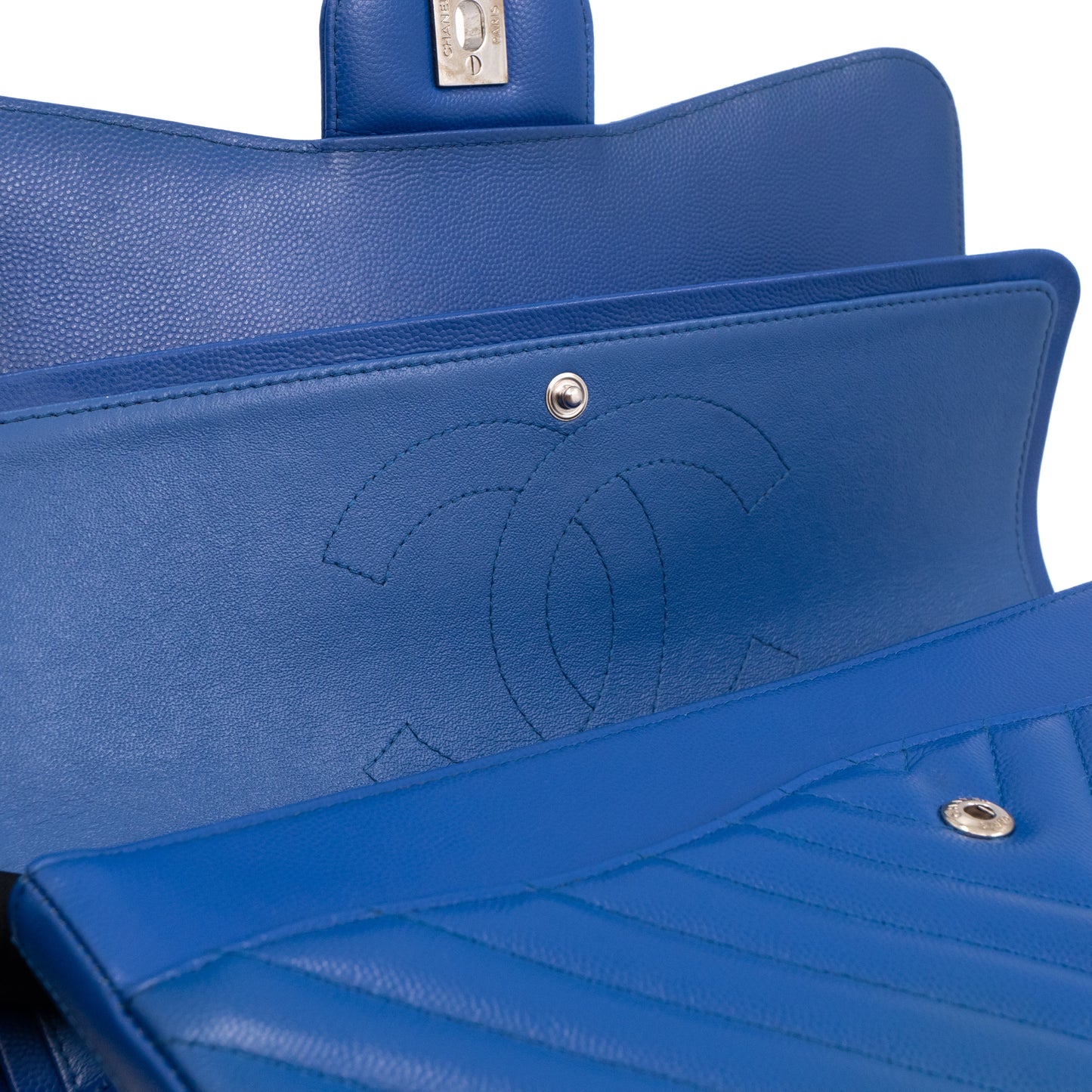 Classic Double Flap Jumbo Blue Chevron Caviar Silver