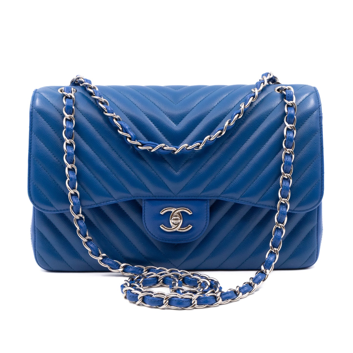 Classic Double Flap Jumbo Blue Chevron Caviar Silver