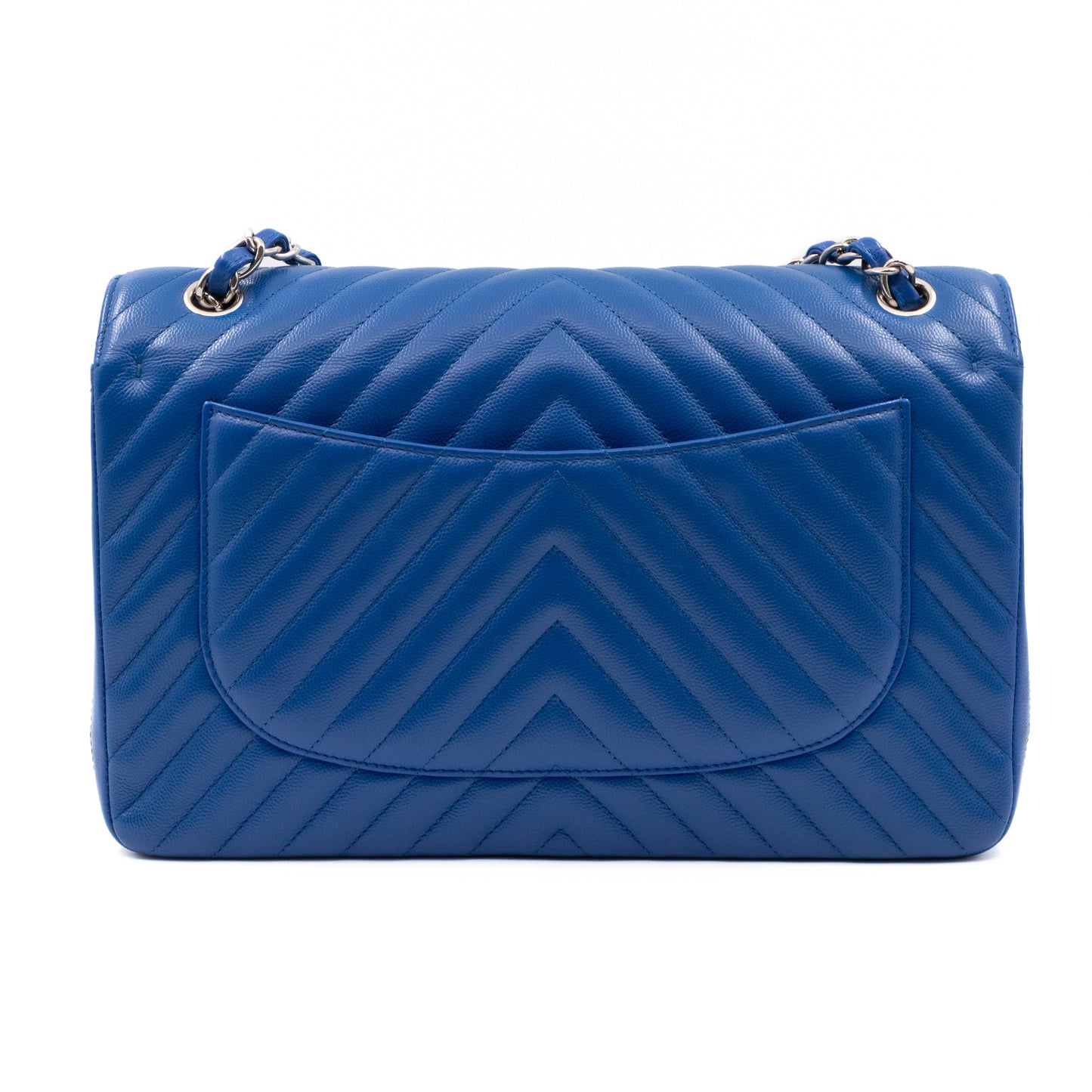 Classic Double Flap Jumbo Blue Chevron Caviar Silver