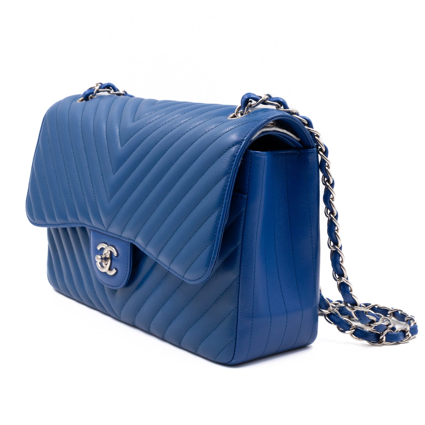 Classic Double Flap Jumbo Blue Chevron Caviar Silver